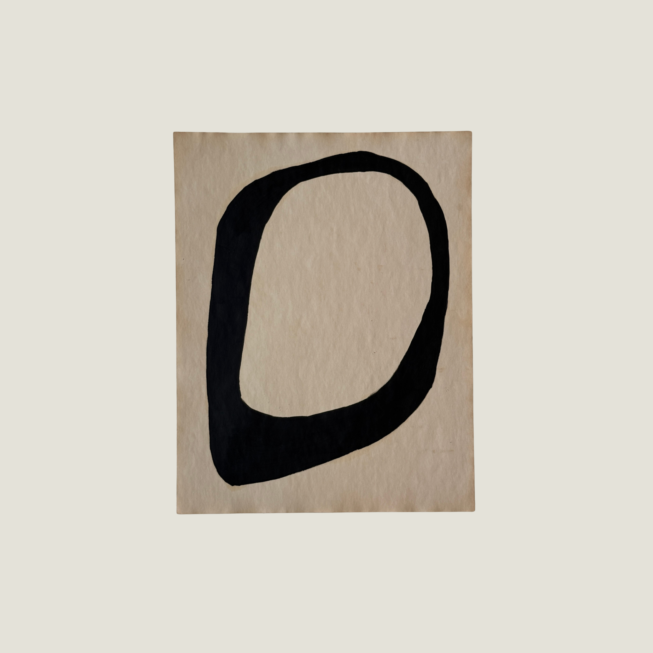 Original Object Series oil painting on vintage-style paper featuring a bold black organic form with two rounded shapes, inspired by forgotten objects and natural forms.
