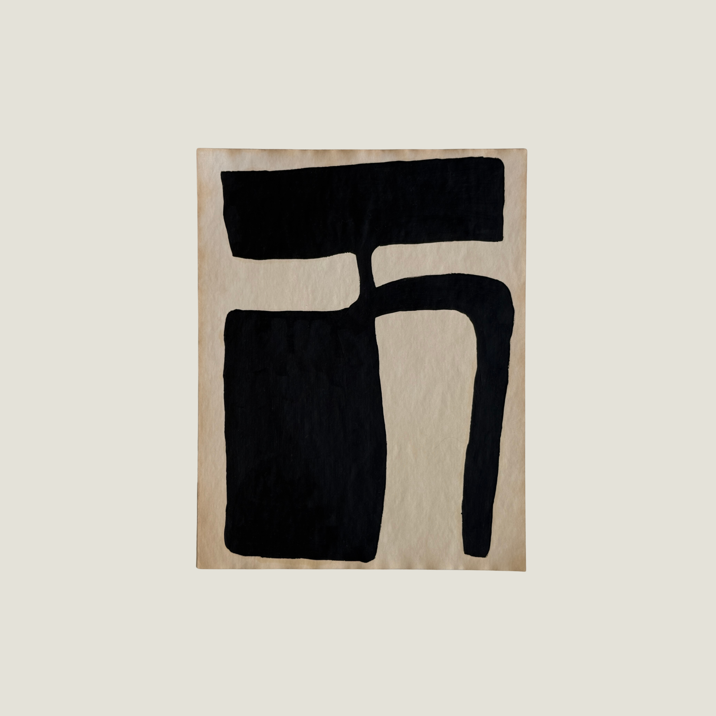 Original Object Series oil painting on vintage-style paper featuring a bold black organic form with two rounded shapes, inspired by forgotten objects and natural forms.