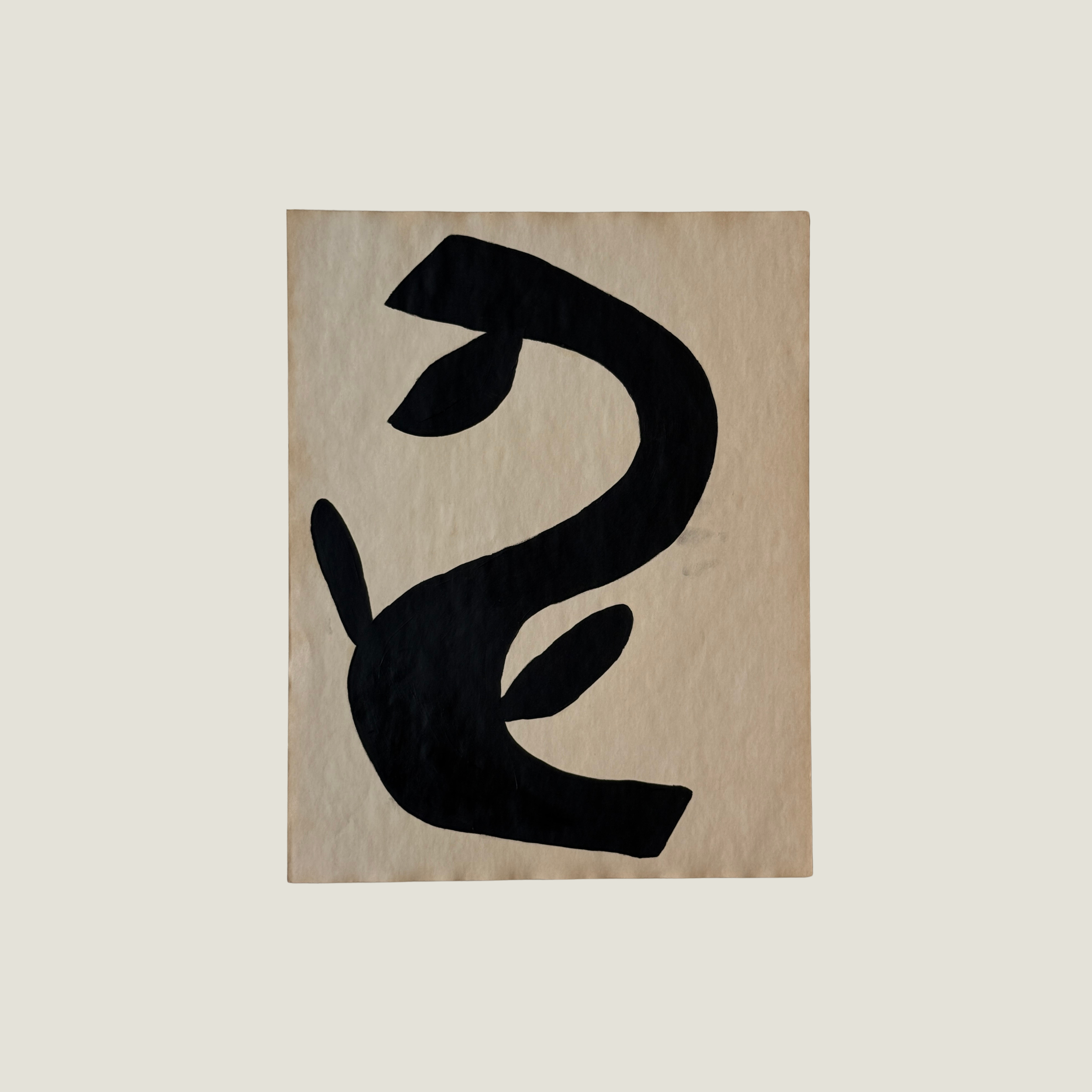Original Object Series oil painting on vintage-style paper featuring a bold black organic form with two rounded shapes, inspired by forgotten objects and natural forms.