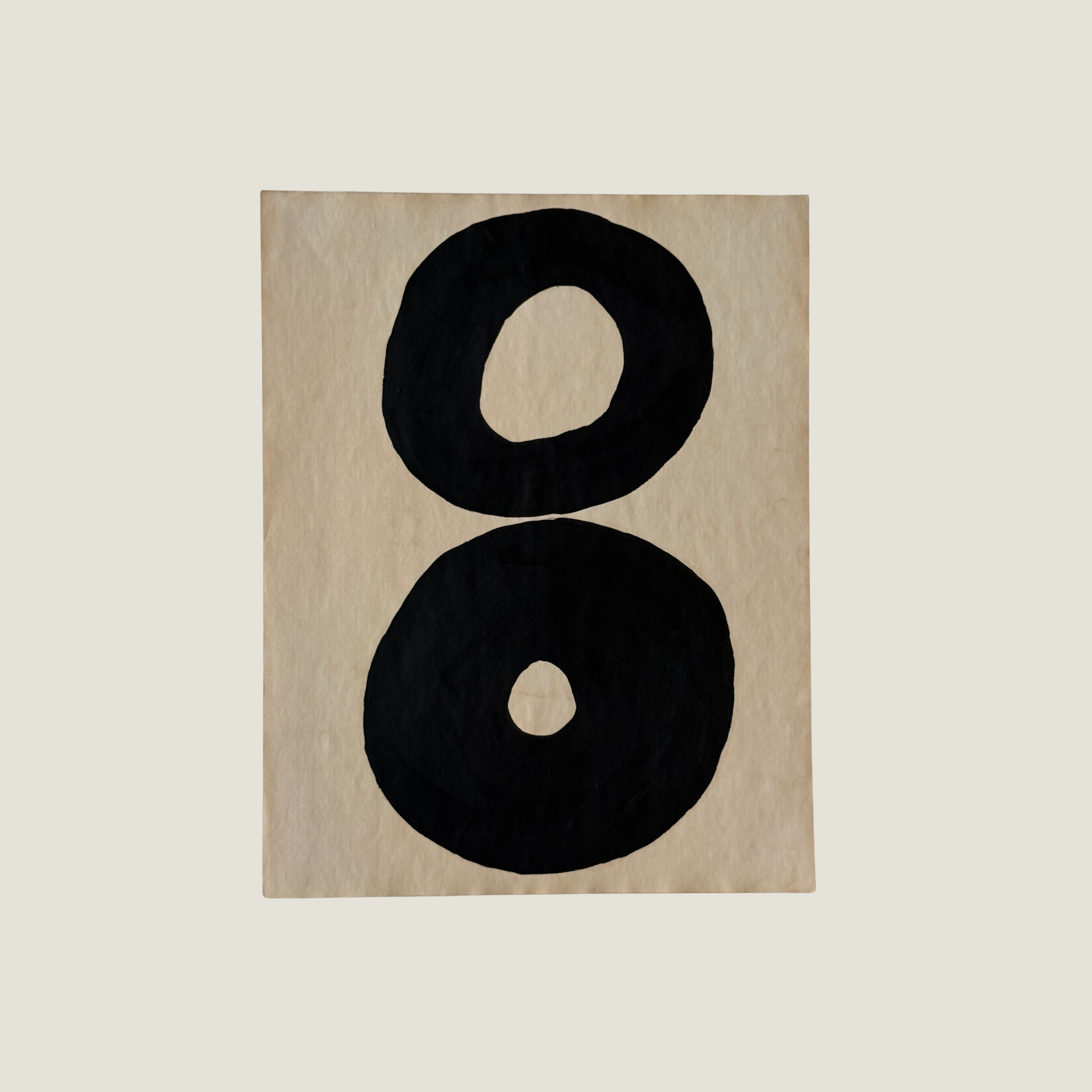 Original Object Series oil painting on vintage-style paper featuring a bold black organic form with two rounded shapes, inspired by forgotten objects and natural forms.