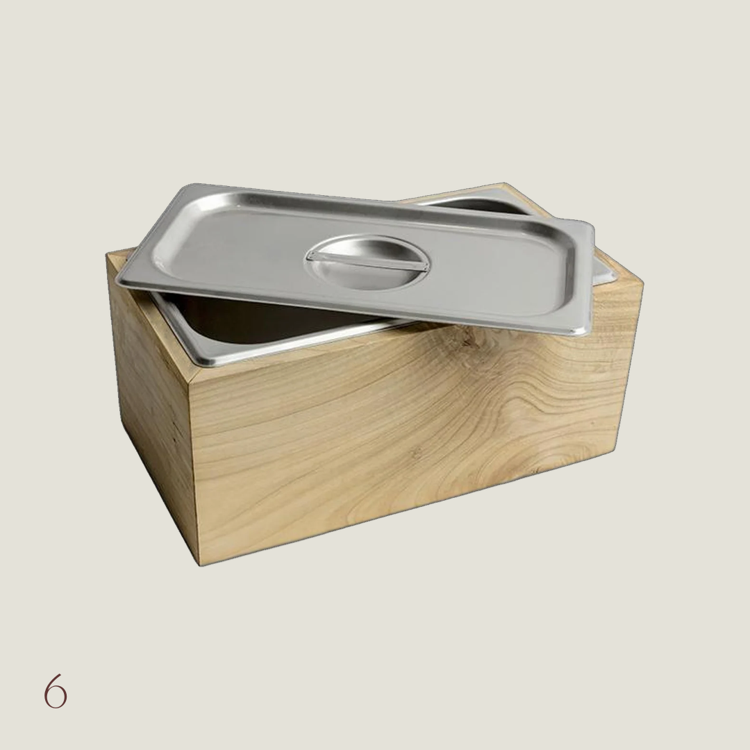Noaway countertop compost bin in wood with a stainless steel insert and lid