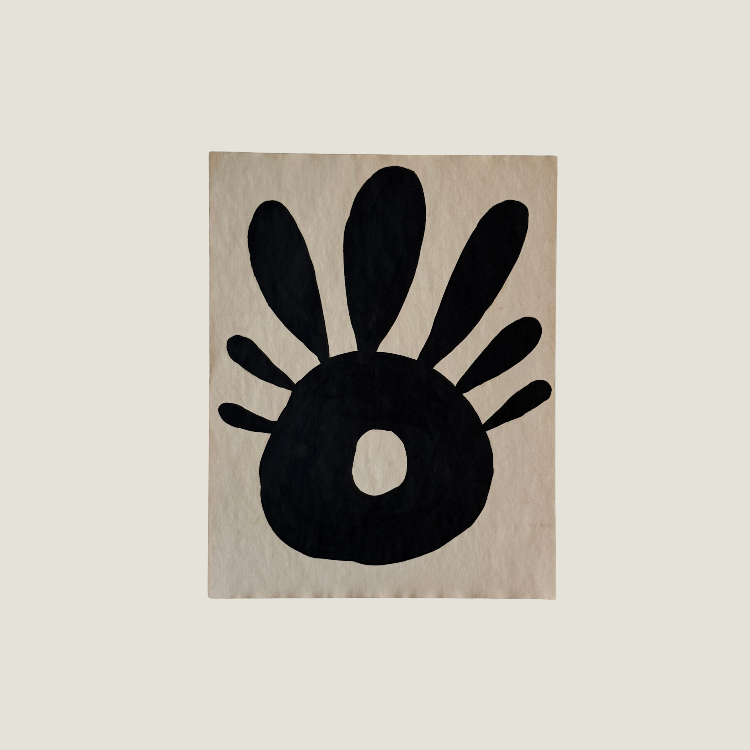 Original Object Series oil painting on vintage-style paper featuring a bold black organic form with two rounded shapes, inspired by forgotten objects and natural forms.
