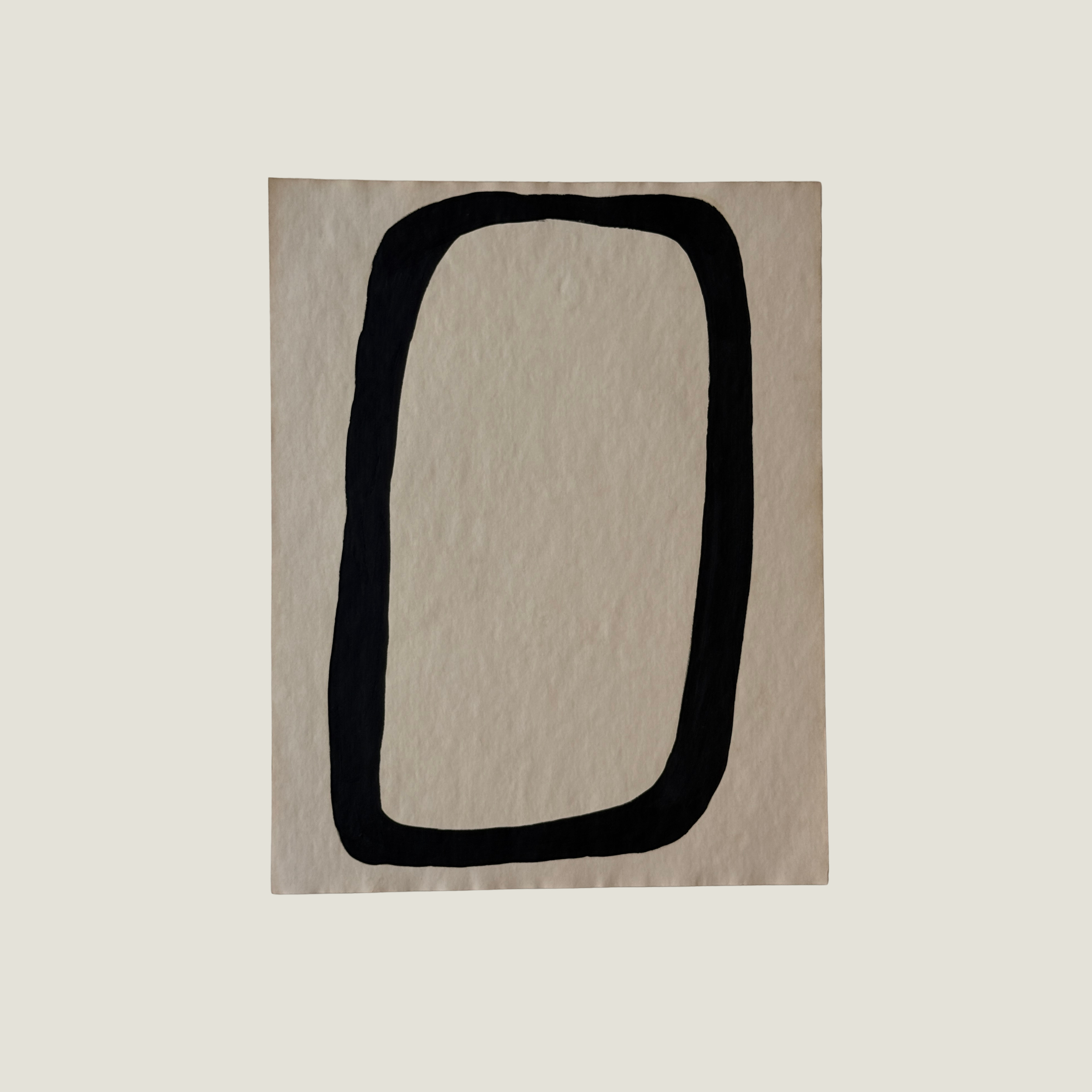 Original Object Series oil painting on vintage-style paper featuring a bold black organic form with two rounded shapes, inspired by forgotten objects and natural forms.
