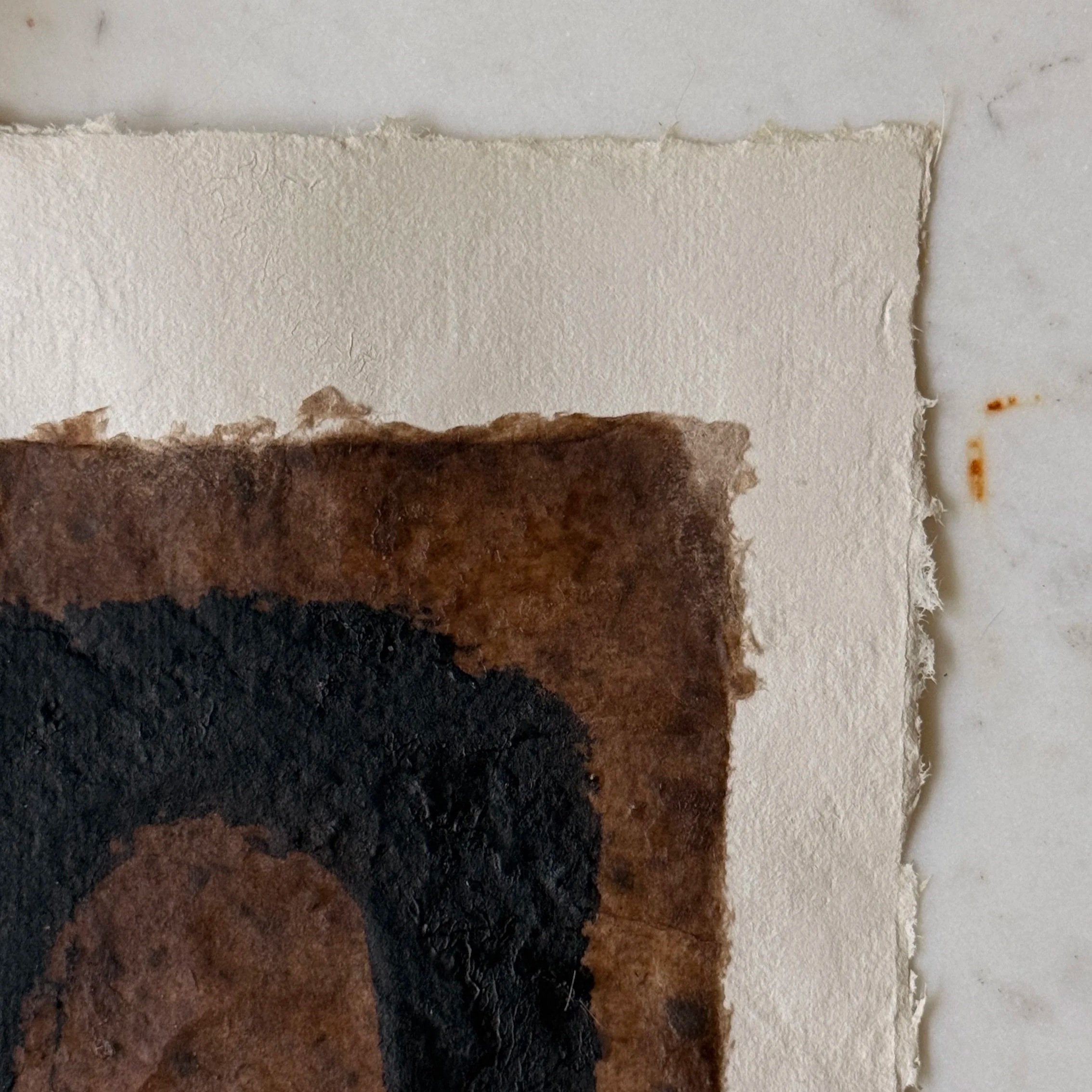Original abstract paper collage featuring handmade paper, warm ochre fibers, layered neutral textures, and minimalist mixed media composition by Addison Ryan.