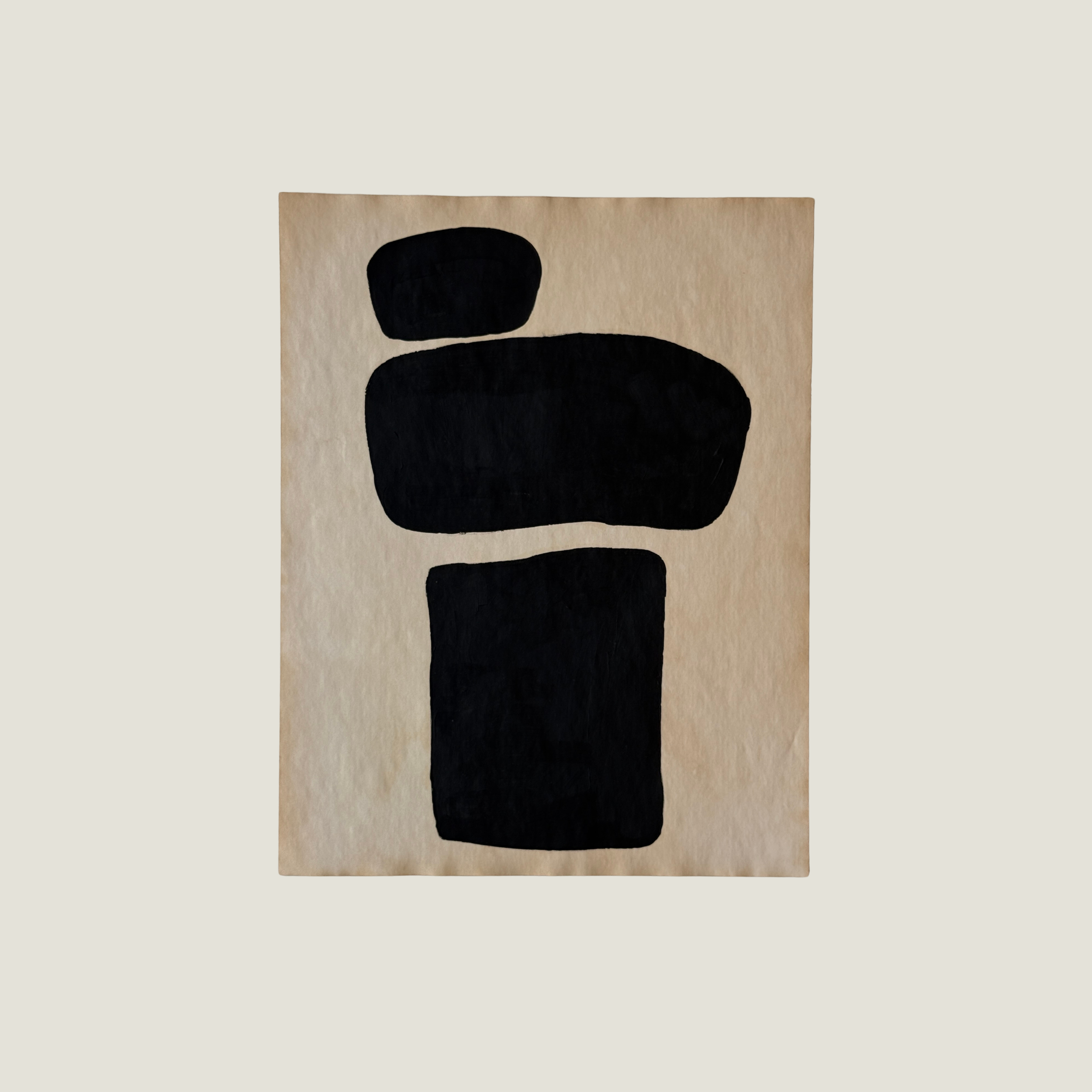 Original Object Series oil painting on vintage-style paper featuring a bold black organic form with two rounded shapes, inspired by forgotten objects and natural forms.