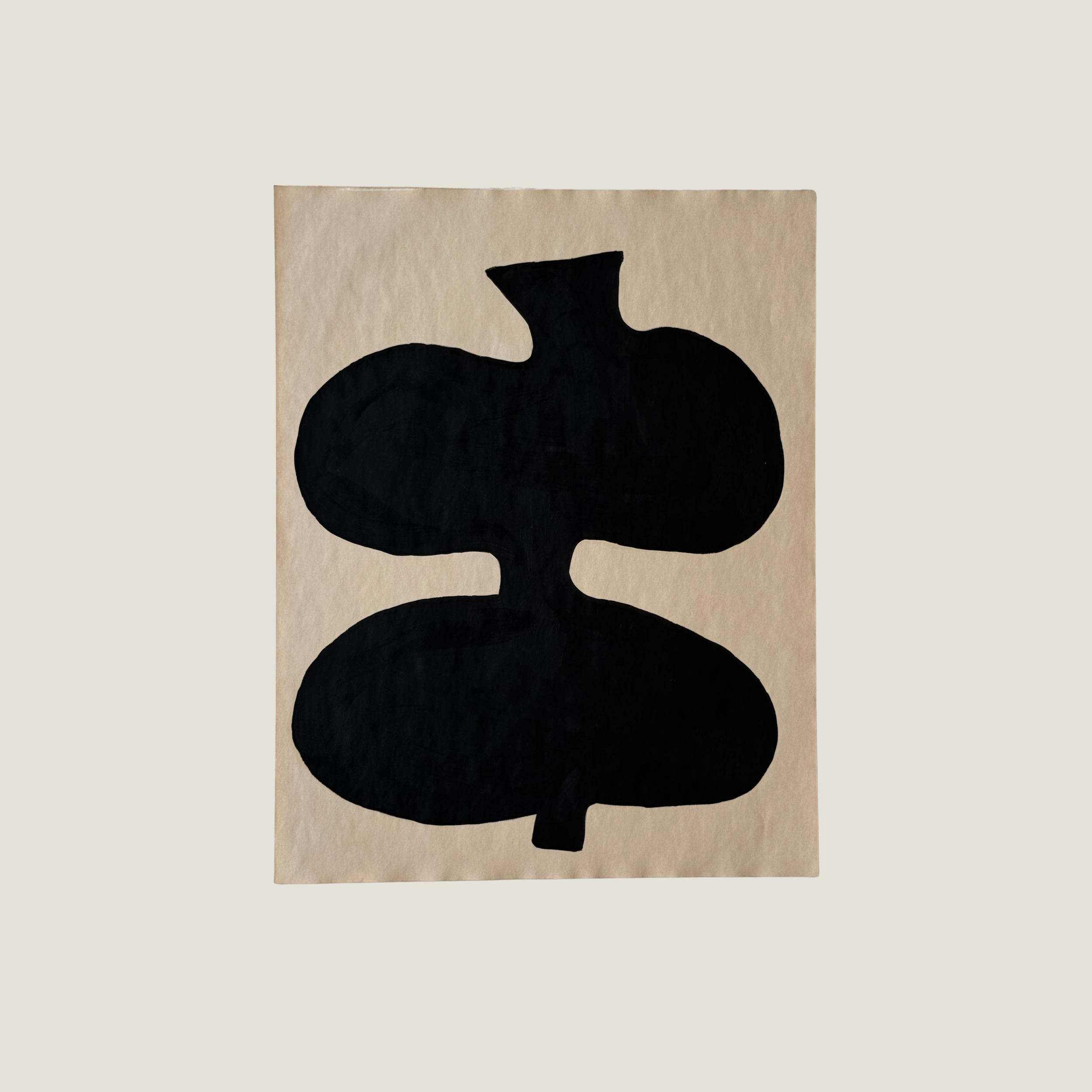 Original Object Series oil painting on vintage-style paper featuring a bold black organic form with two rounded shapes, inspired by forgotten objects and natural forms.