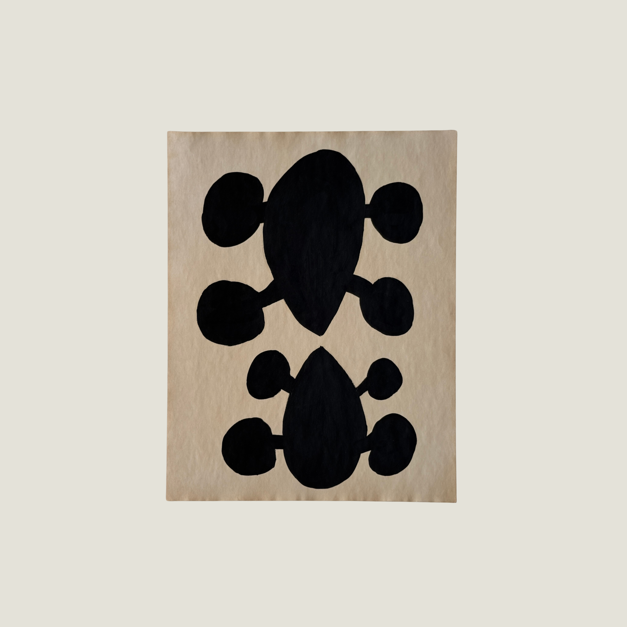 Original Object Series oil painting on vintage-style paper featuring a bold black organic form with two rounded shapes, inspired by forgotten objects and natural forms.