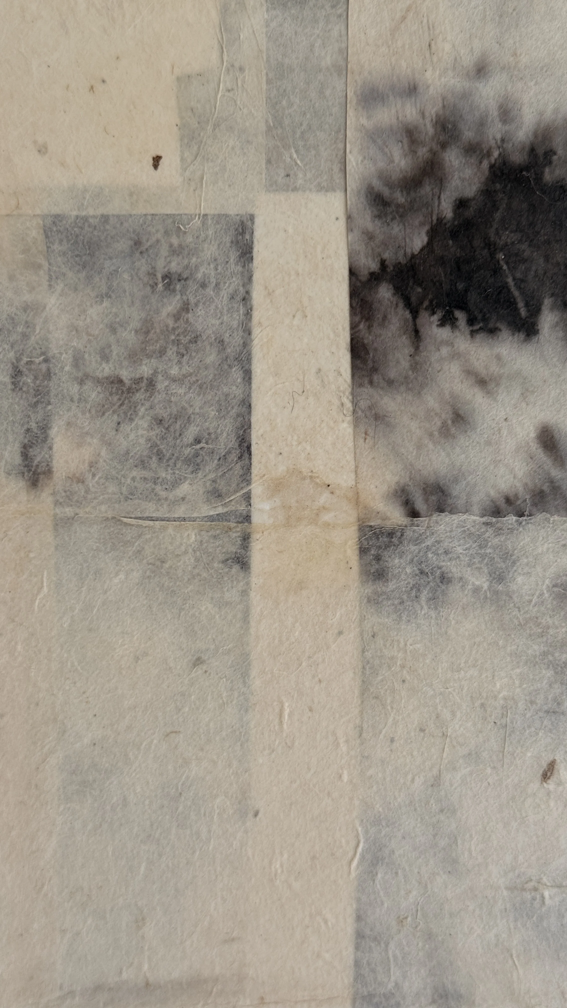 Small abstract collage of layered cream and grey handmade papers with a dark bloom-like mark near the top, unframed 6x6 art