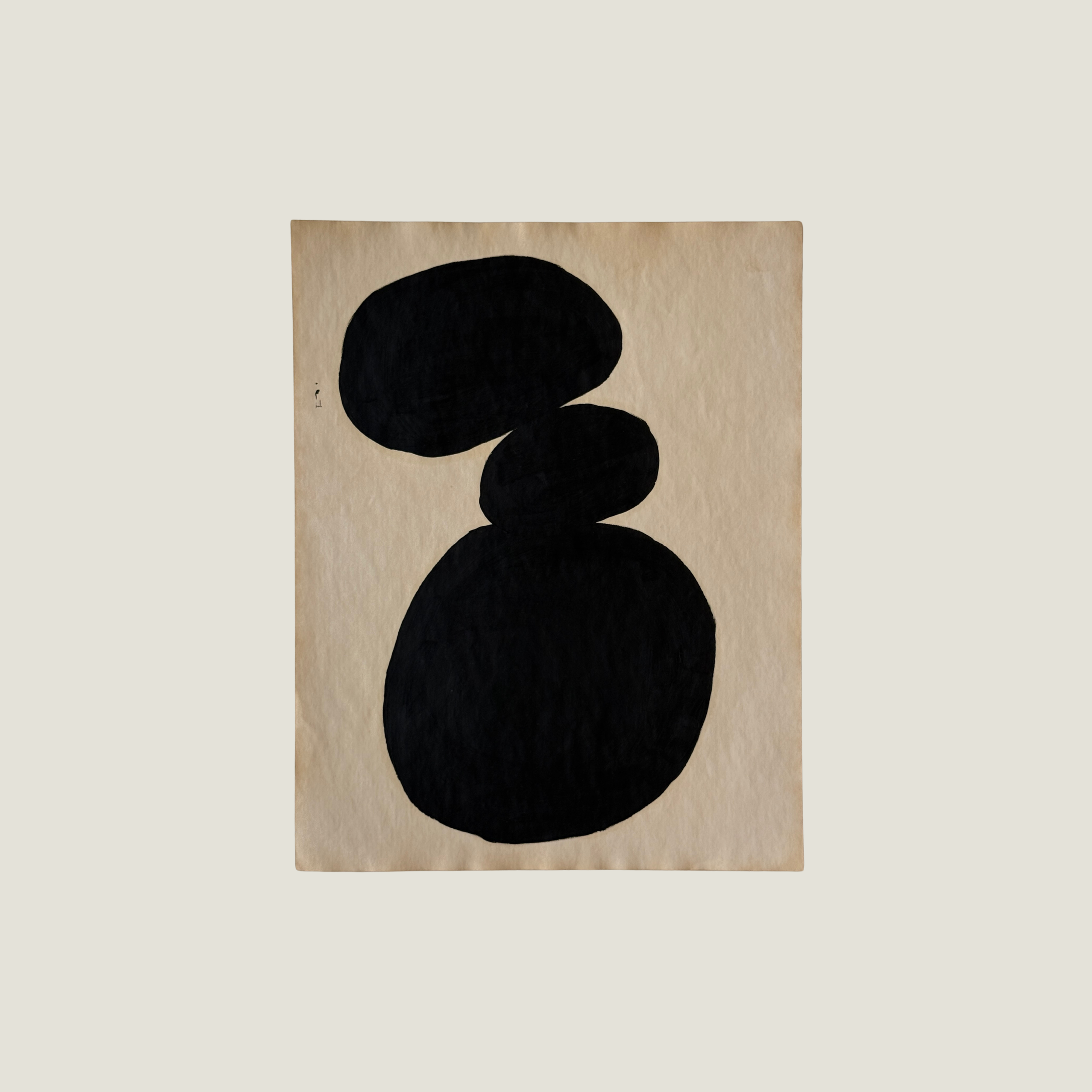 Original Object Series oil painting on vintage-style paper featuring a bold black organic form with two rounded shapes, inspired by forgotten objects and natural forms.