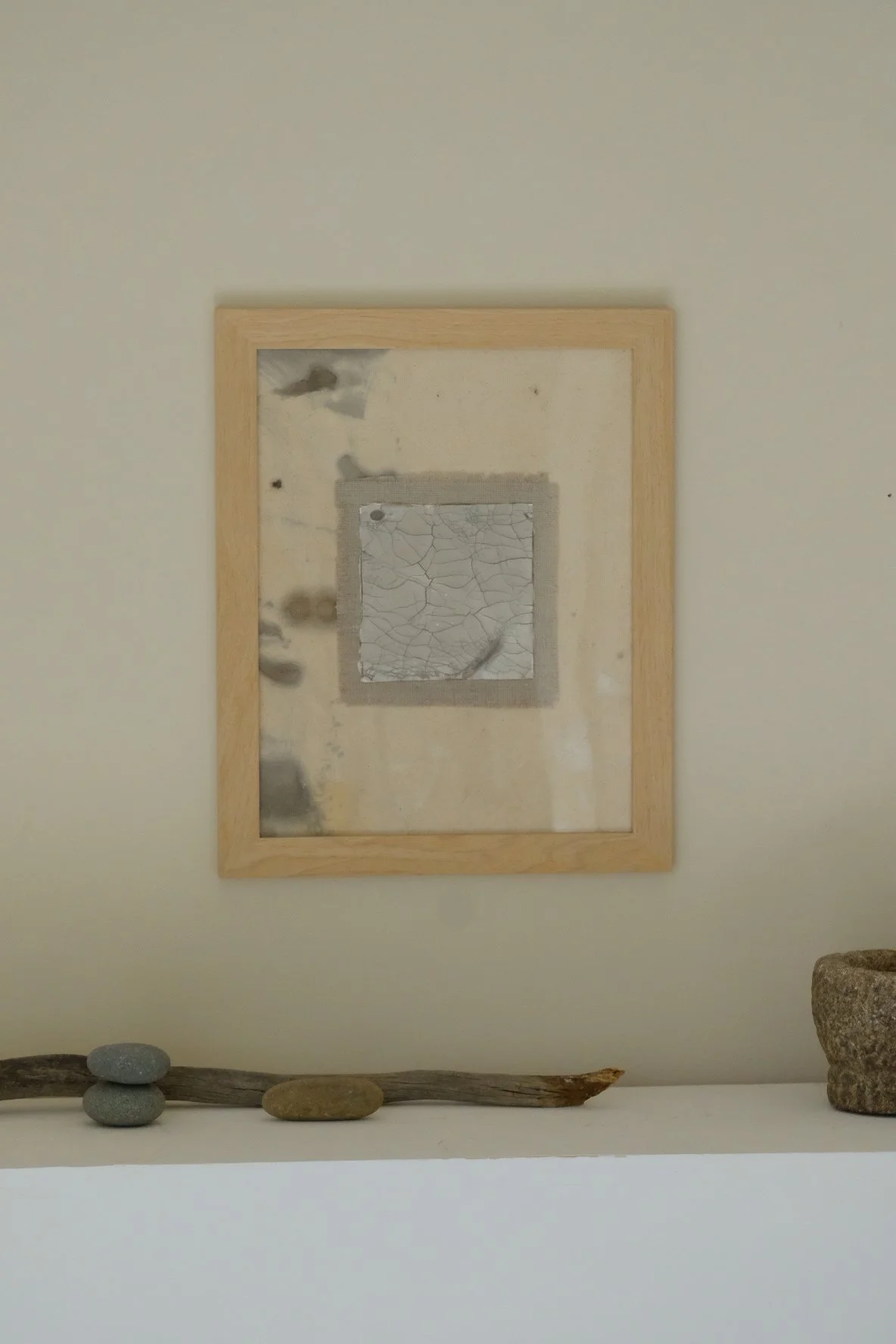 Framed 11 x 14 collage of a crackle paste square on a frayed grey linen patch