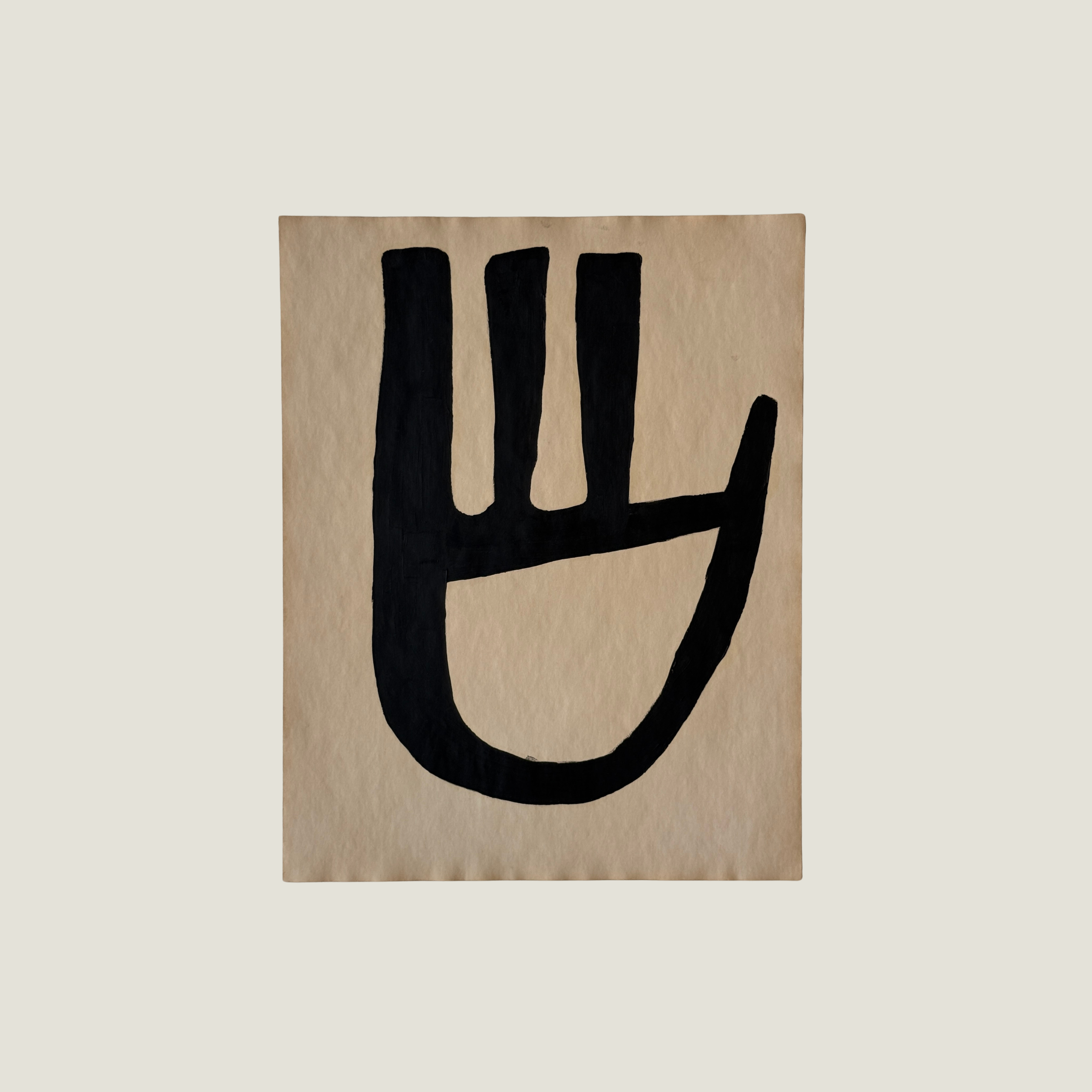 Original Object Series oil painting on vintage-style paper featuring a bold black organic form with two rounded shapes, inspired by forgotten objects and natural forms.