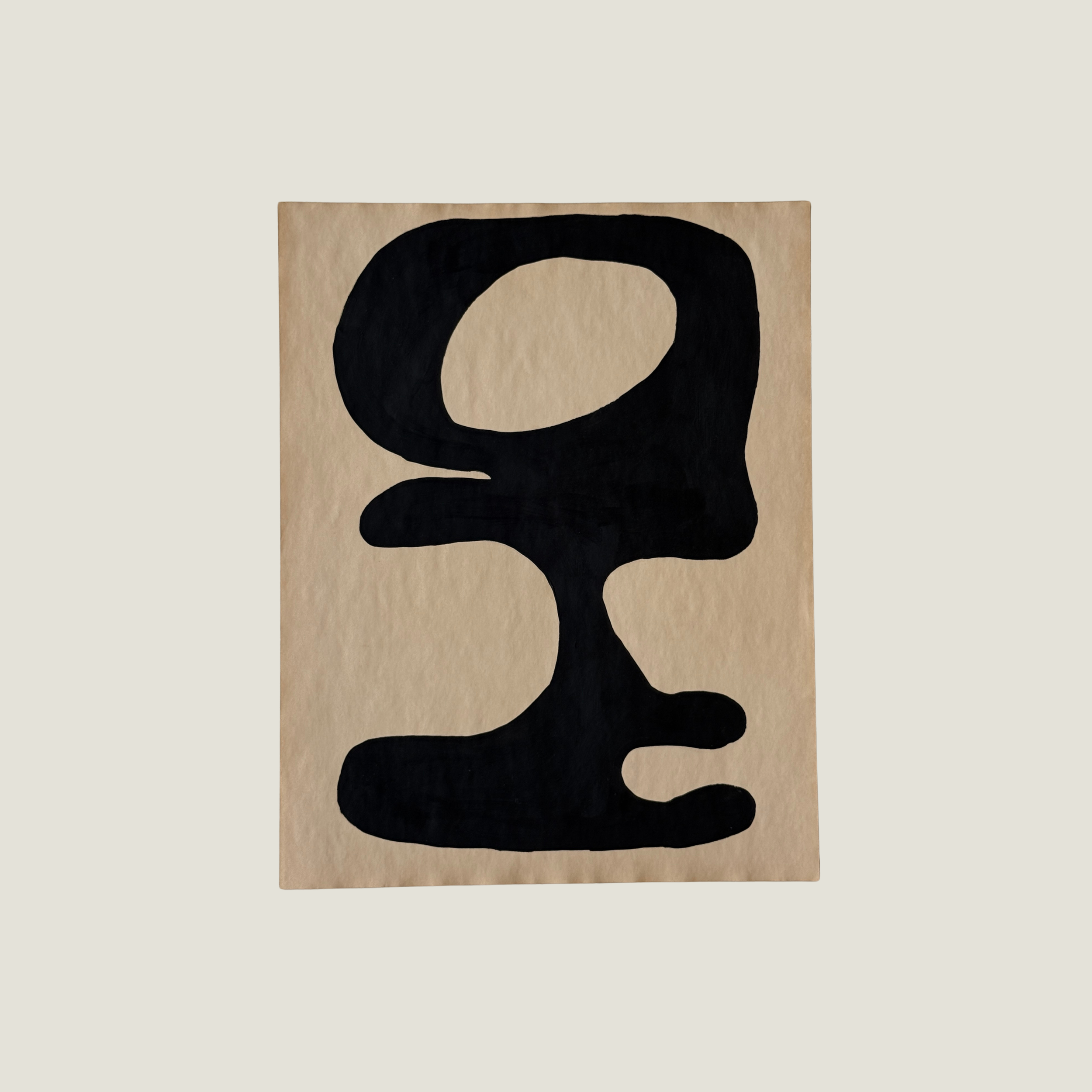 Original Object Series oil painting on vintage-style paper featuring a bold black organic form with two rounded shapes, inspired by forgotten objects and natural forms.