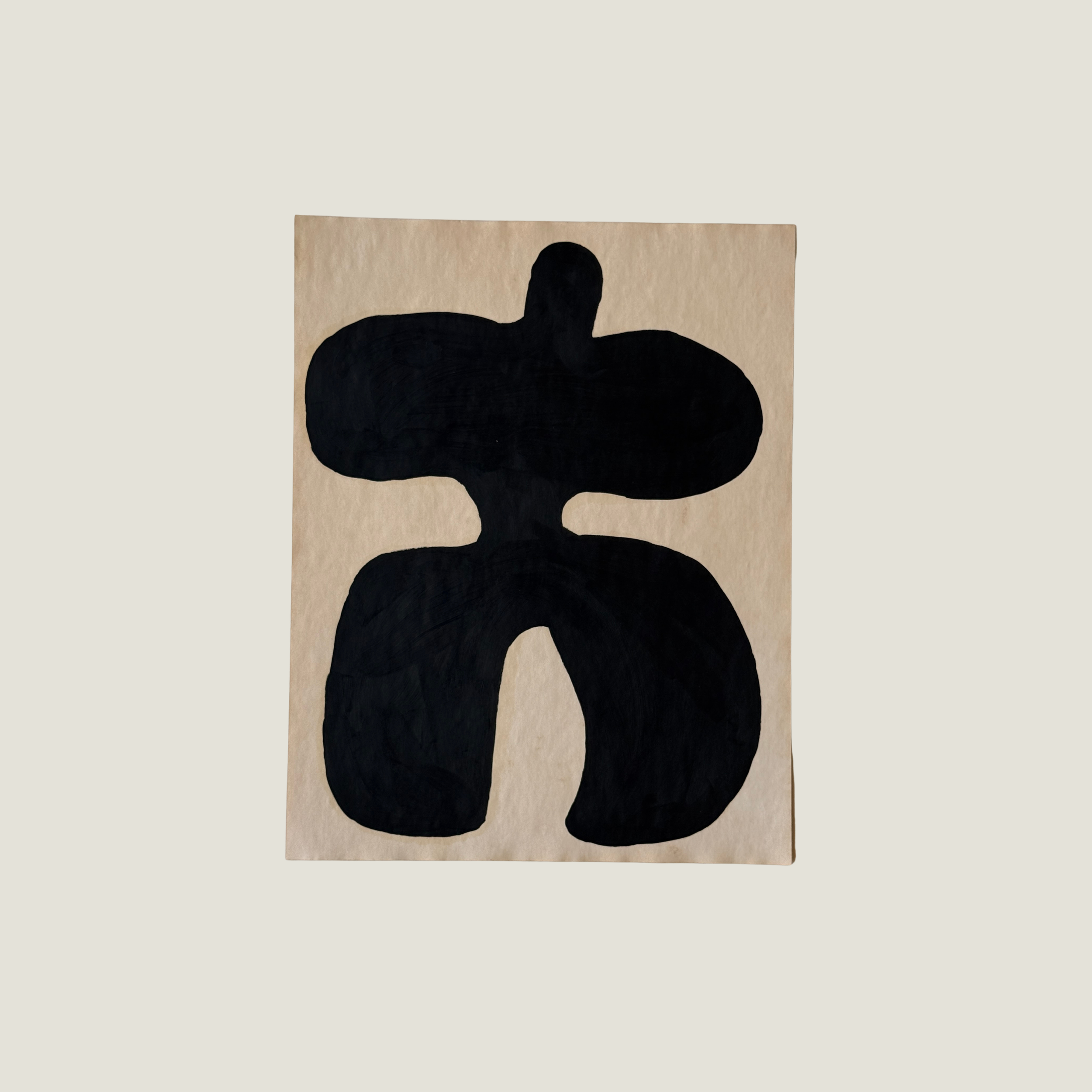 Original Object Series oil painting on vintage-style paper featuring a bold black organic form with two rounded shapes, inspired by forgotten objects and natural forms.