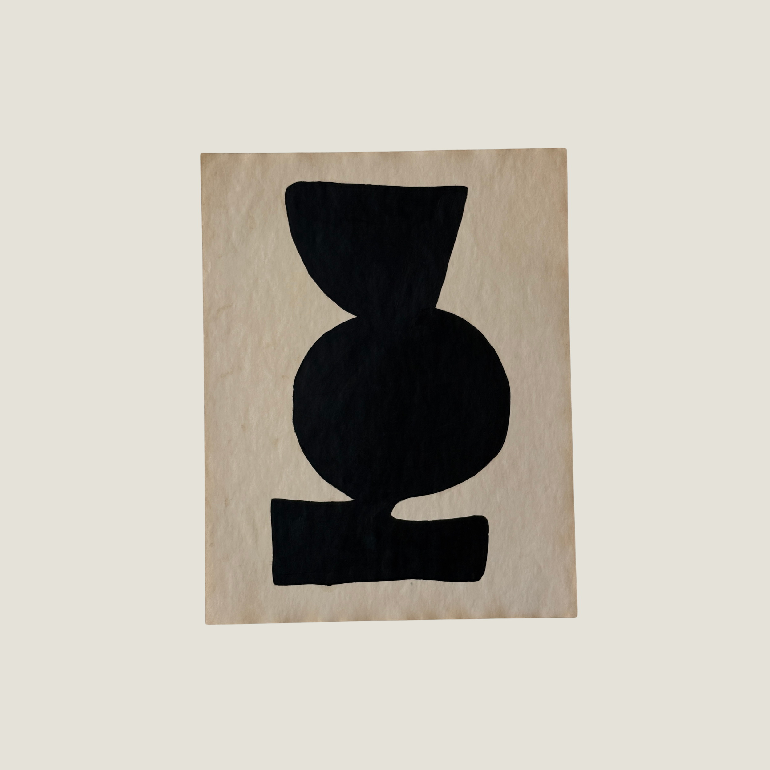 Original Object Series oil painting on vintage-style paper featuring a bold black organic form with two rounded shapes, inspired by forgotten objects and natural forms.