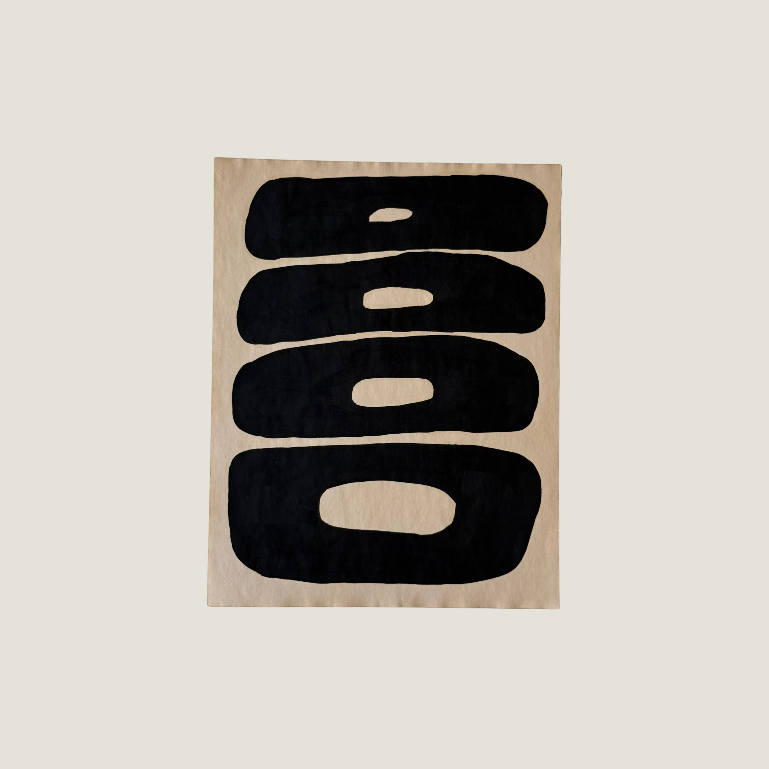 Original Object Series oil painting on vintage-style paper featuring a bold black organic form with two rounded shapes, inspired by forgotten objects and natural forms.