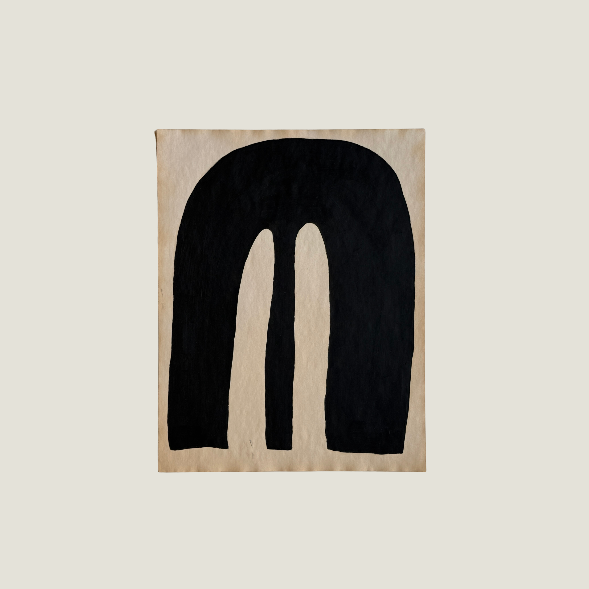 Original Object Series oil painting on vintage-style paper featuring a bold black organic form with two rounded shapes, inspired by forgotten objects and natural forms.
