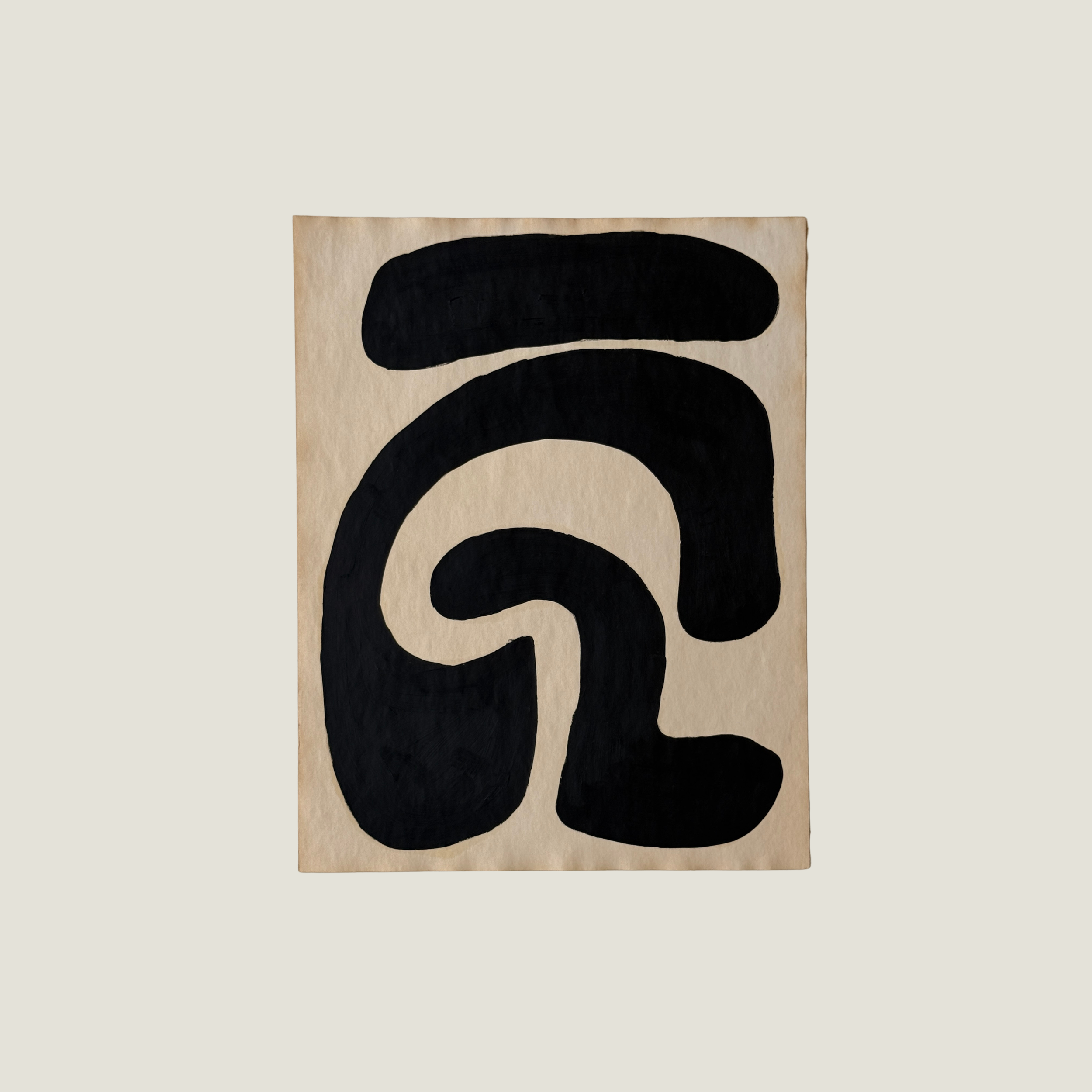 Original Object Series oil painting on vintage-style paper featuring a bold black organic form with two rounded shapes, inspired by forgotten objects and natural forms.