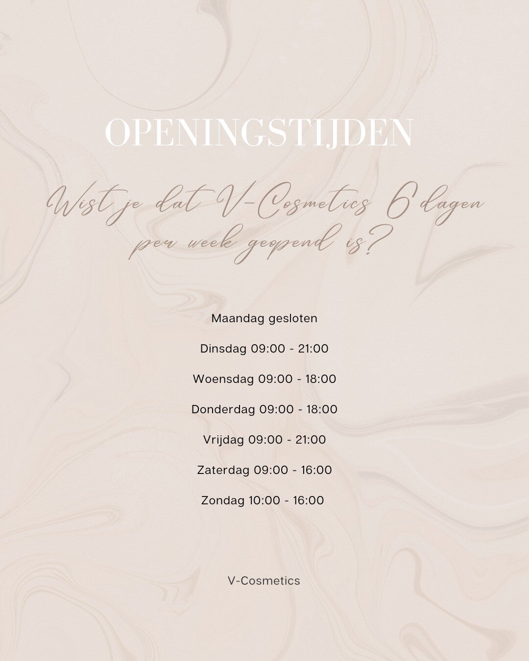 Wist jij dat wij 6 dagen per week geopend zijn? En dat wij 2 avonden in de week pas om 21:00 sluiten?

Bekijk onze openingstijden!

.
.
.
.

#vcosmetics #schoonheidssalon #schoonheidsspecialiste #gezichtsbehandeling #huidverbetering #rotterdam #salon