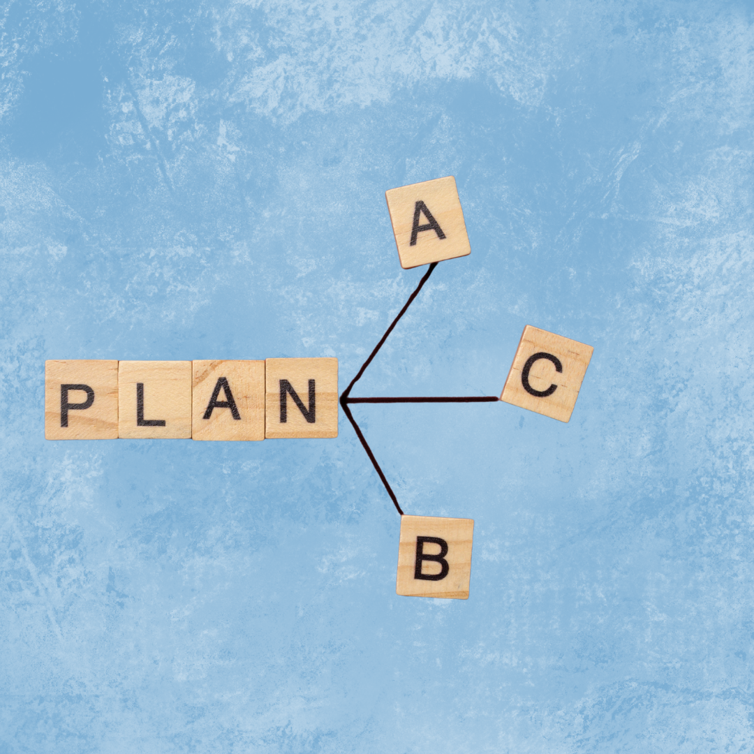 scrabble letters on a blue back ground with the word plan and an arrow pointing separately to options A, B, and C