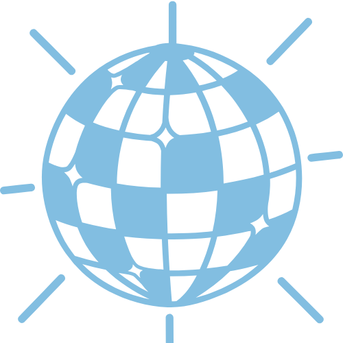 A stylized globe with a checkered pattern and lines indicating latitude and longitude, with radiating lines around it.