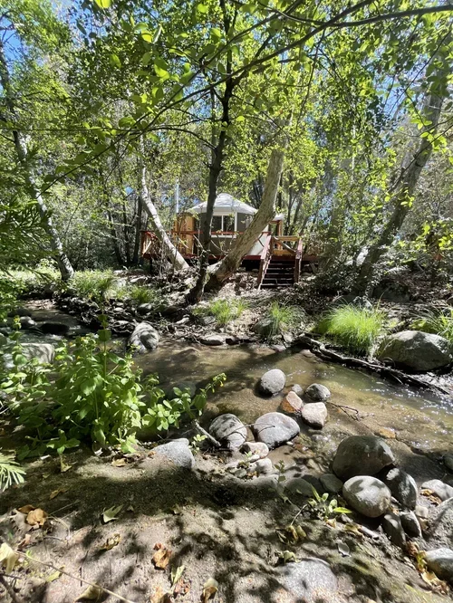 Wooden deck and stairs leading to the creek at Baxter Ranch, providing guests with access to a peaceful forest setting surrounded by trees, rocks, and flowing water.