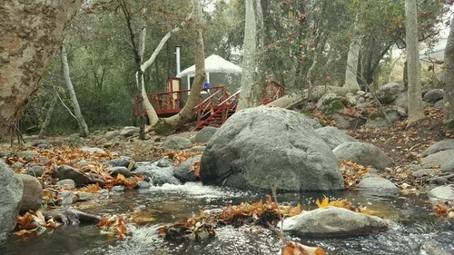 Creekside Yurt at Baxter Ranch nestled beside a flowing mountain creek, with a wooden footbridge, fall foliage, and peaceful forest surroundings.