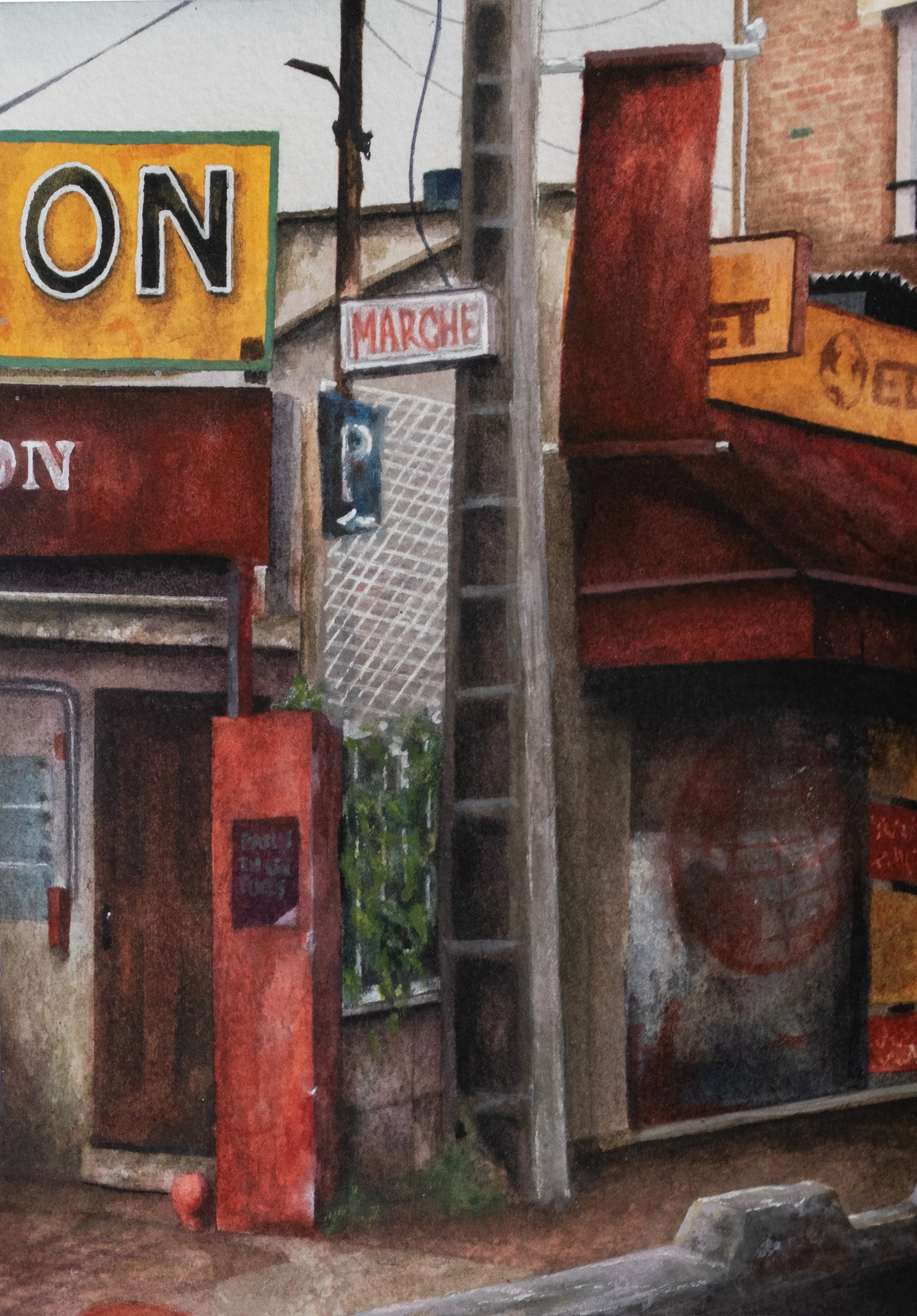 One Green Brick: A Scene in
Saint-Ouen / 2024 / Watercolor, gouache, and ink