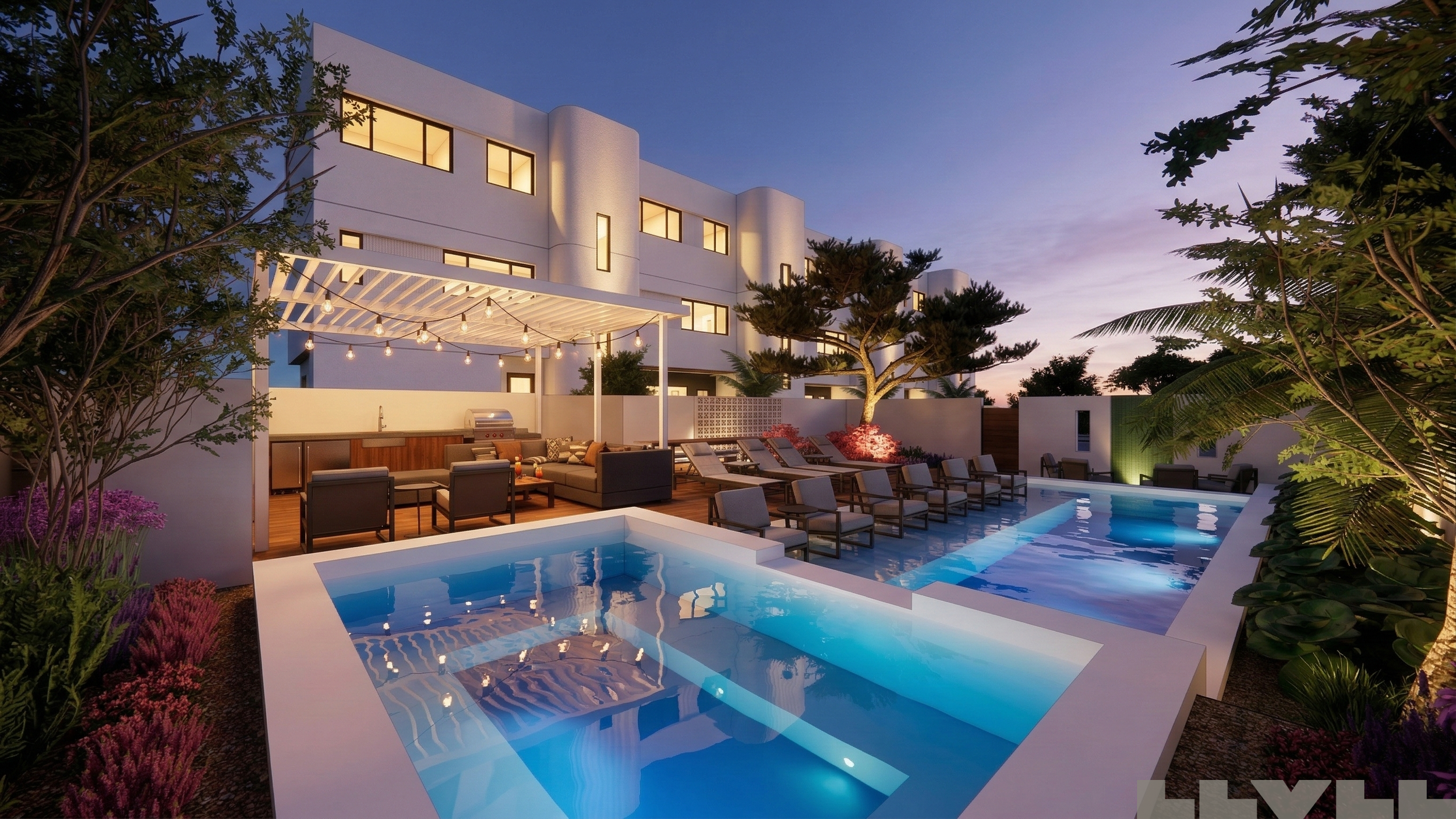 Boutique resort pool area with lounge chairs, landscaping, and a covered outdoor living area with string lights, at dusk.