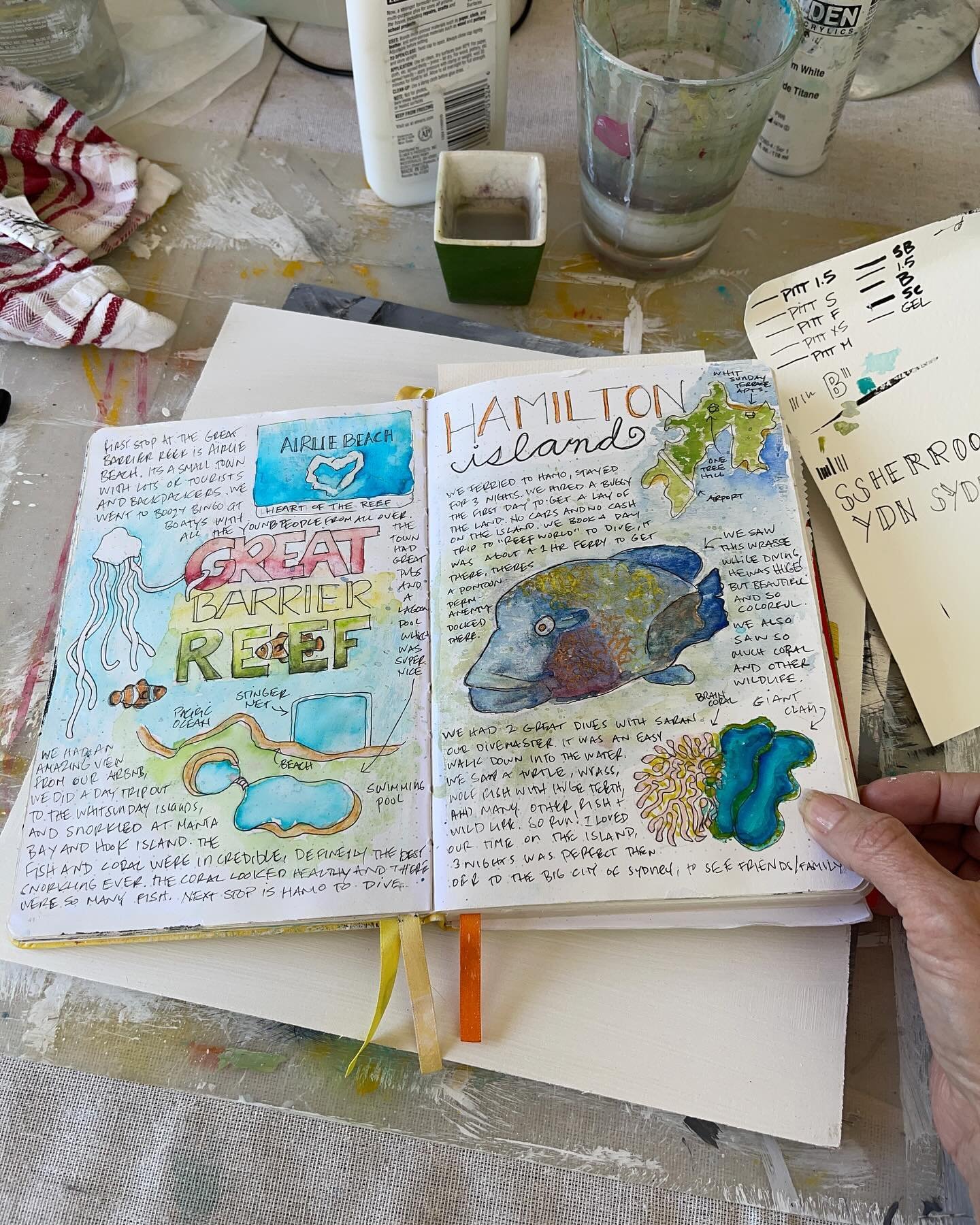 Sketchbook page from the Great Barrier Reef, Airlie Beach and Hamilton Island. Leg 3 of 4. Diving and snorkeling was amazing! Loved our time there!