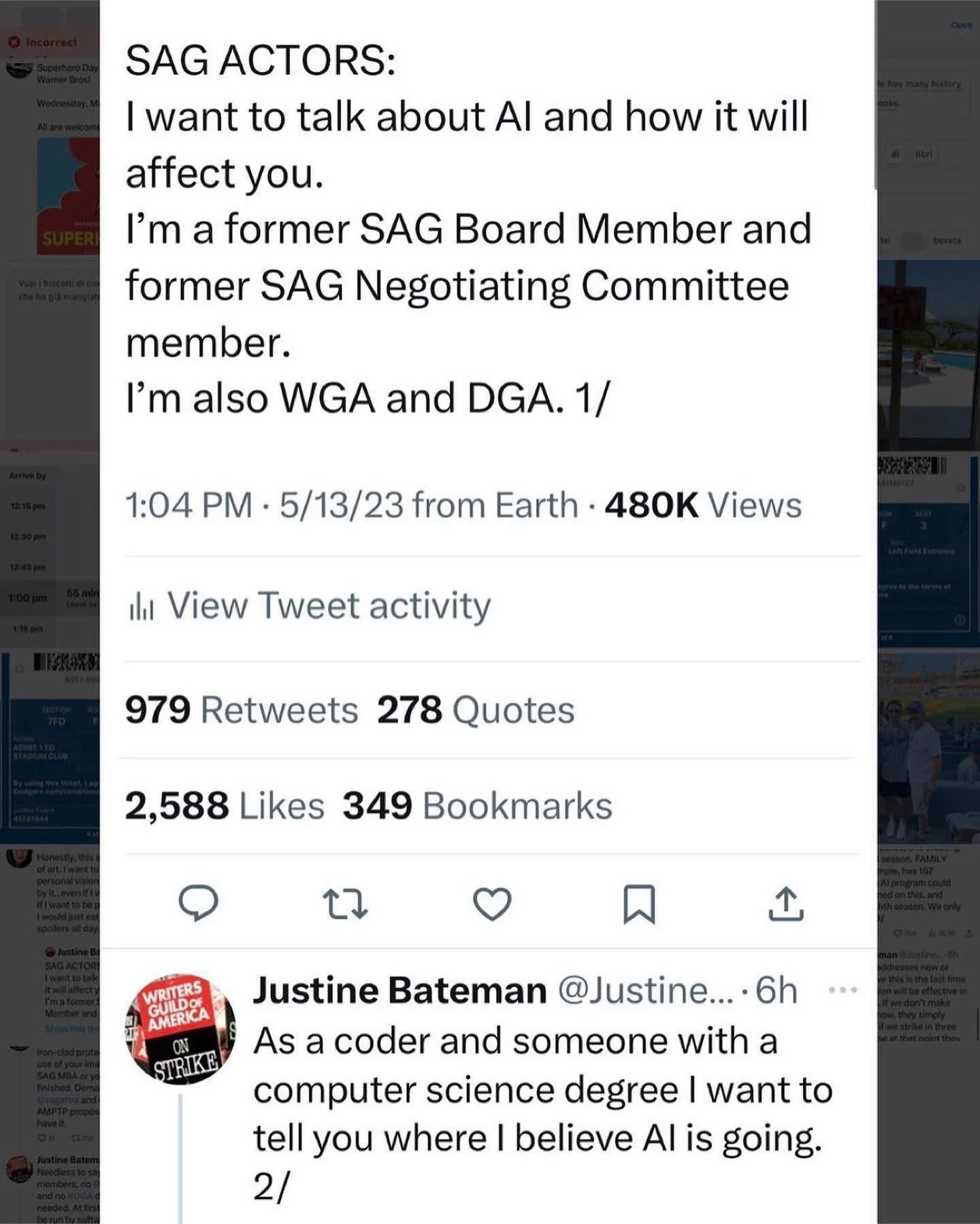 Repost from @_justinebateman_
&bull;
For @sagaftra actors (and @directorsguild directors, @wgawest @wgaeast writers, @iatse crews, @teamsters drivers), this is where the studios and streamers&rsquo; use of #AI is going to land us.