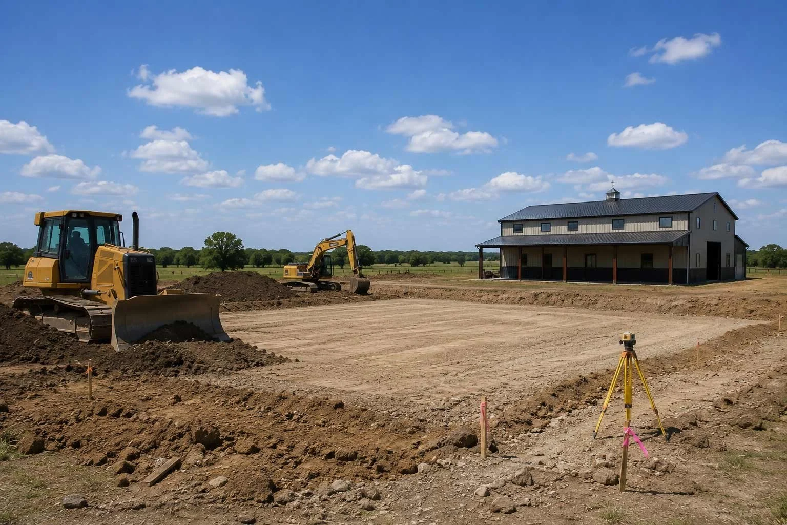 A bulldozer clears a building site for a metal building, with one completed metal building in the background