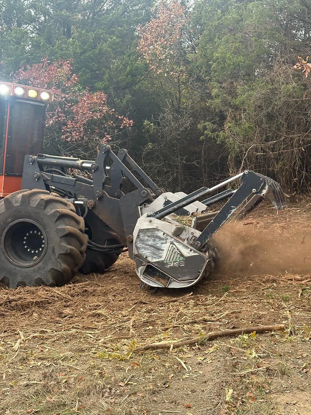 Red forestry dozer in a dense woodland area