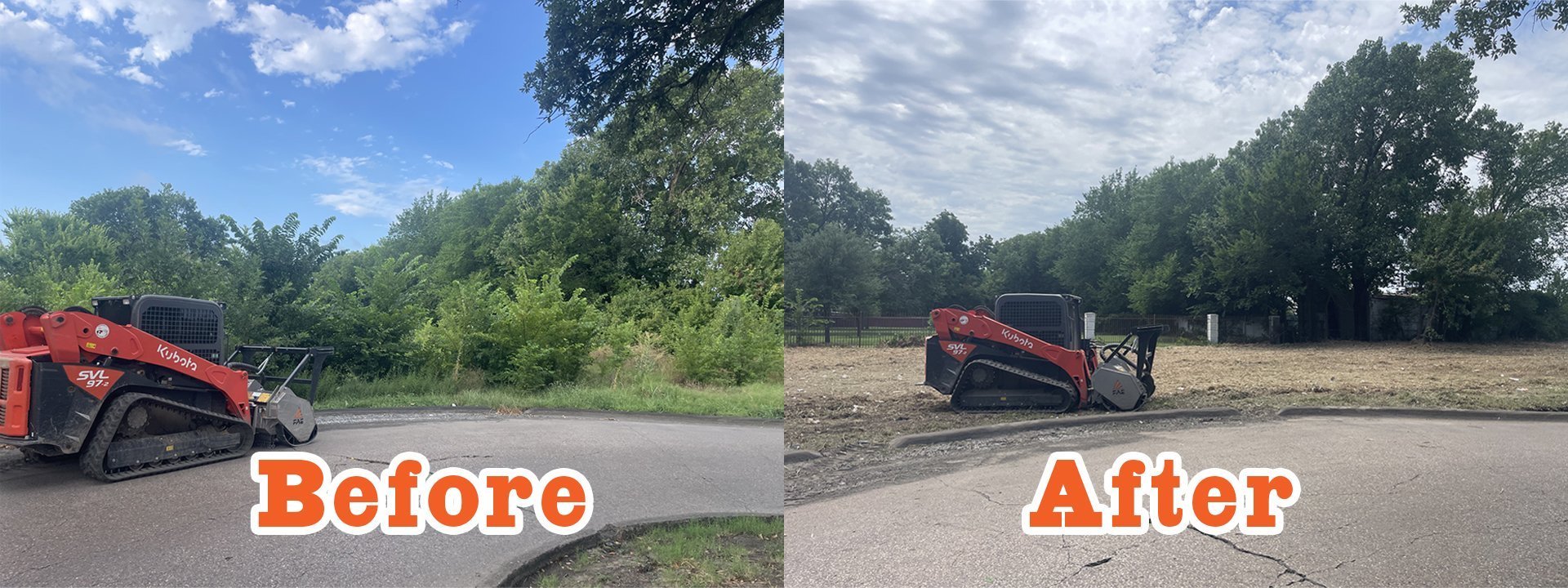 Before and after photos on Breckenridge, TX Land Clearing of field next to road.