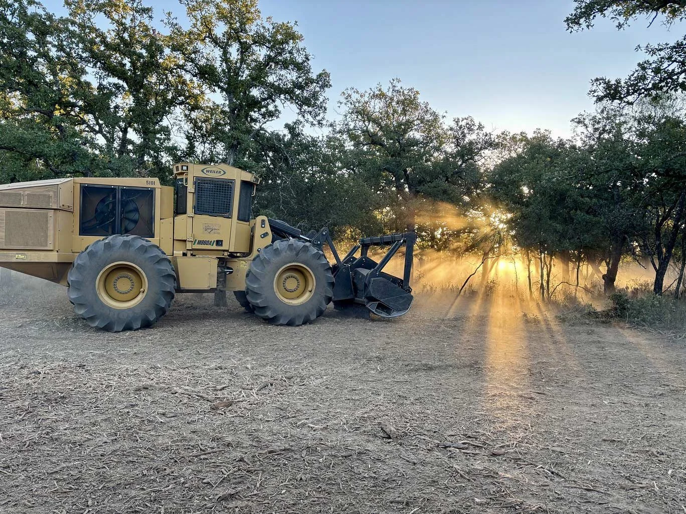 Heavy-duty land clearing equipment at dusk