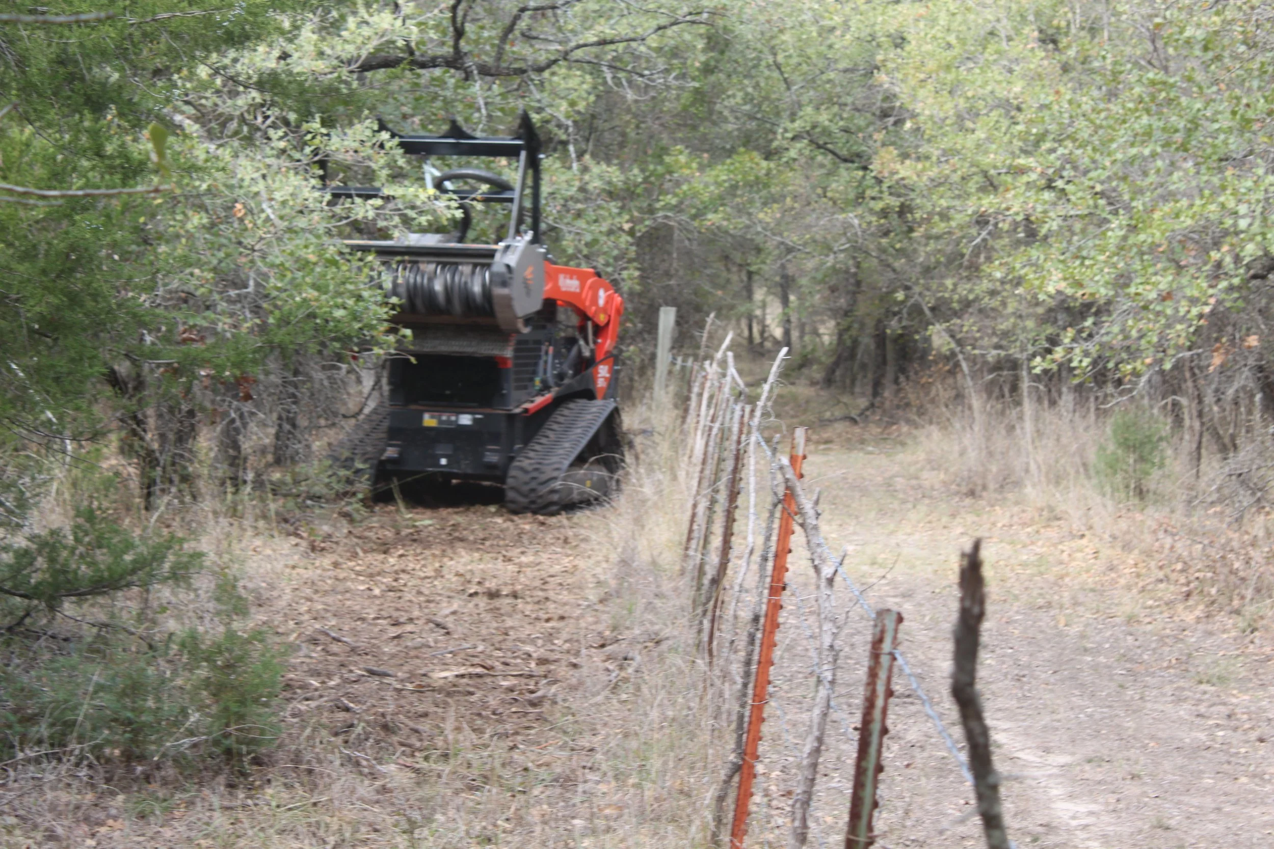 Skid-steer cutting branches along fence line