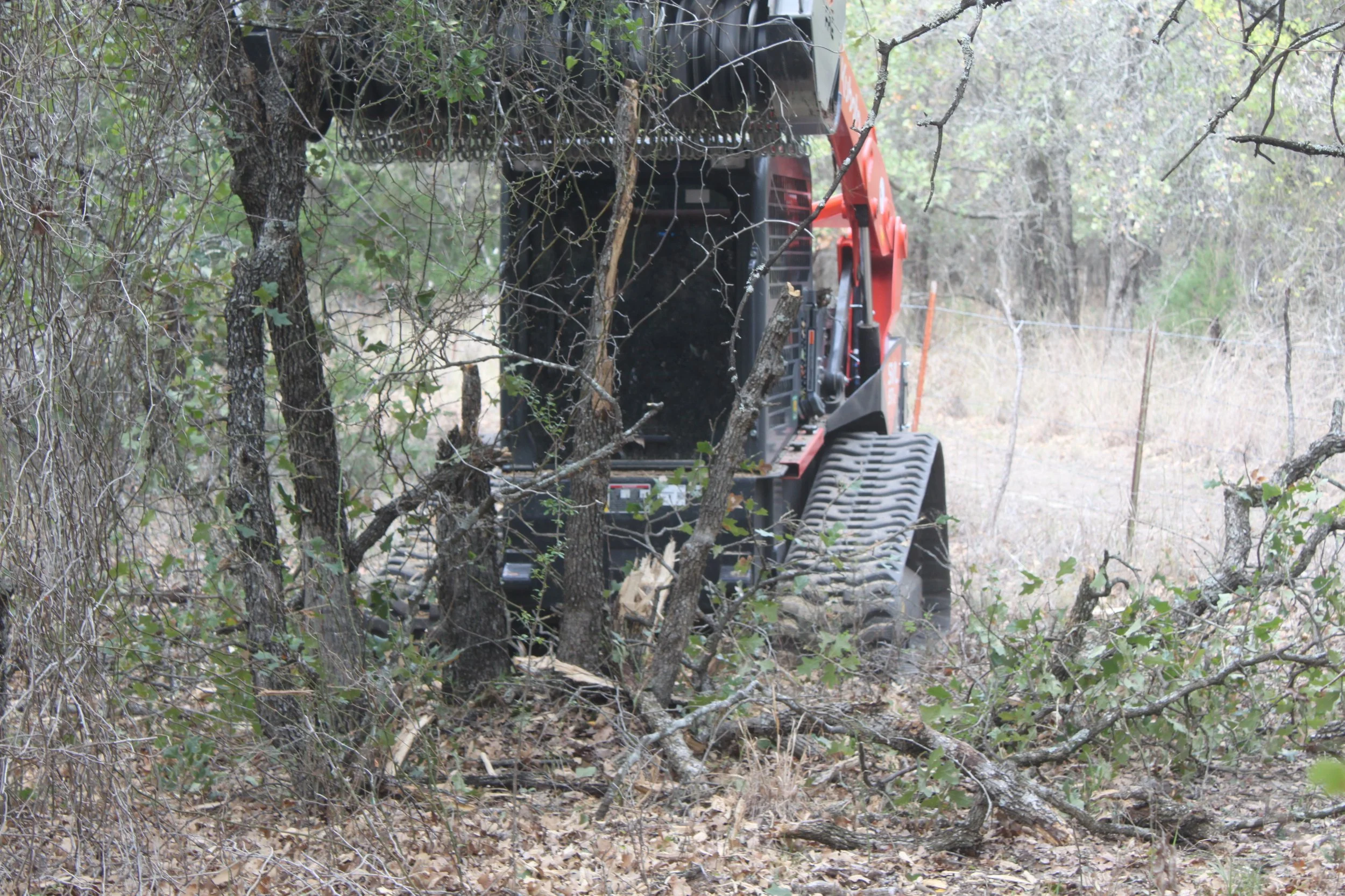 Skid-steer cutting branches along fence line