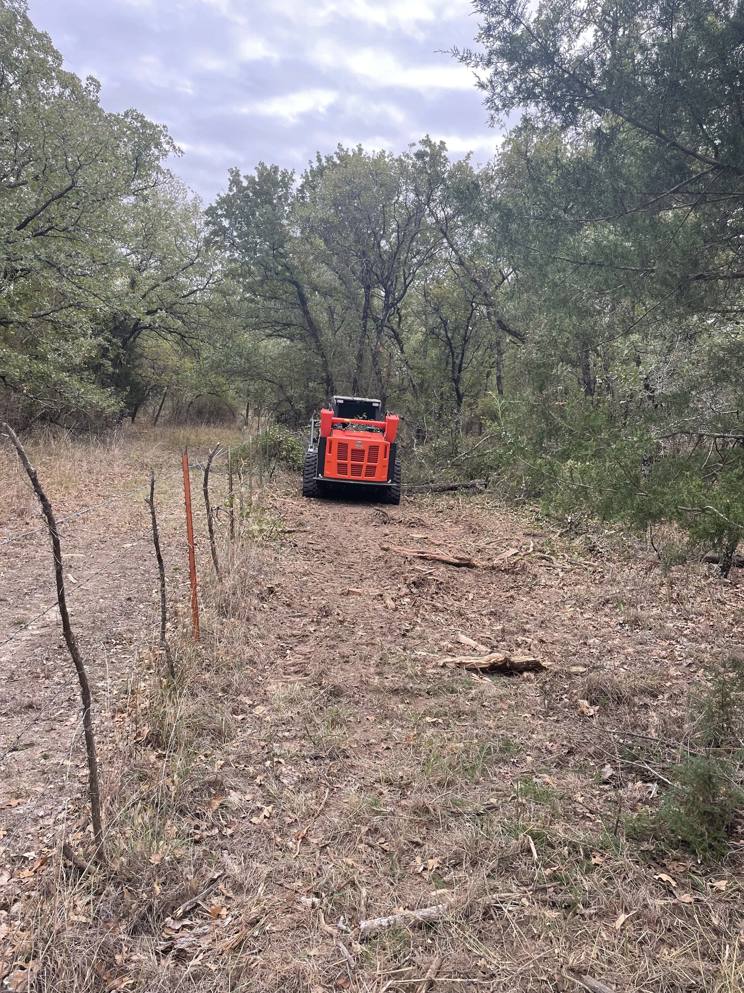 Red skid-steer cutting branches along fence line