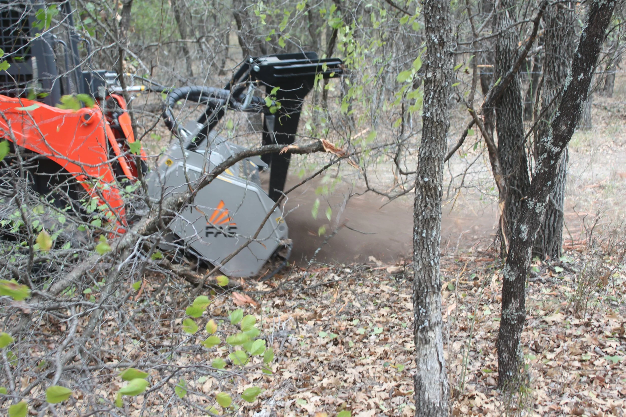 Skid-steer mowing through trees