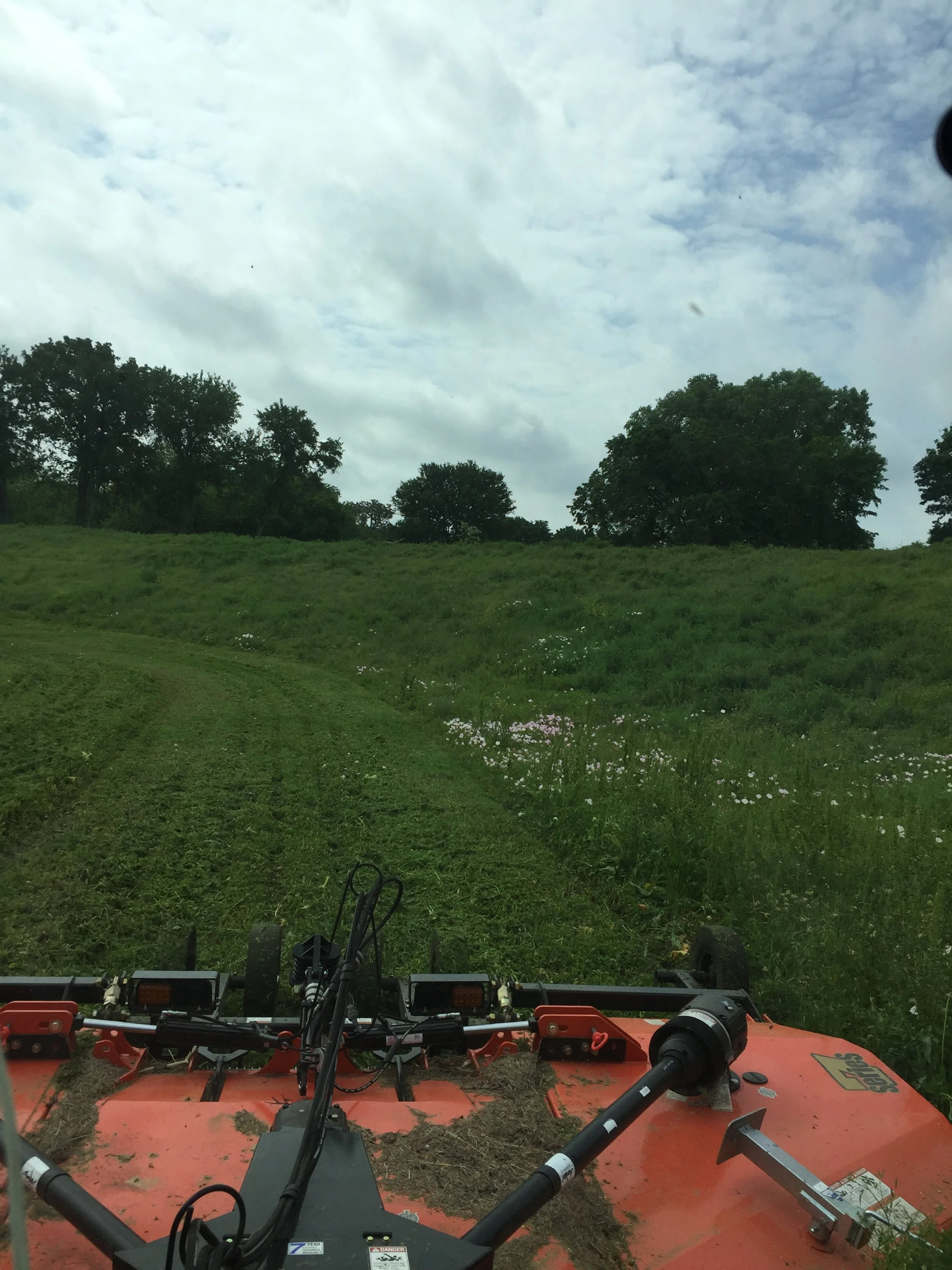 Red tractor mowing through green field