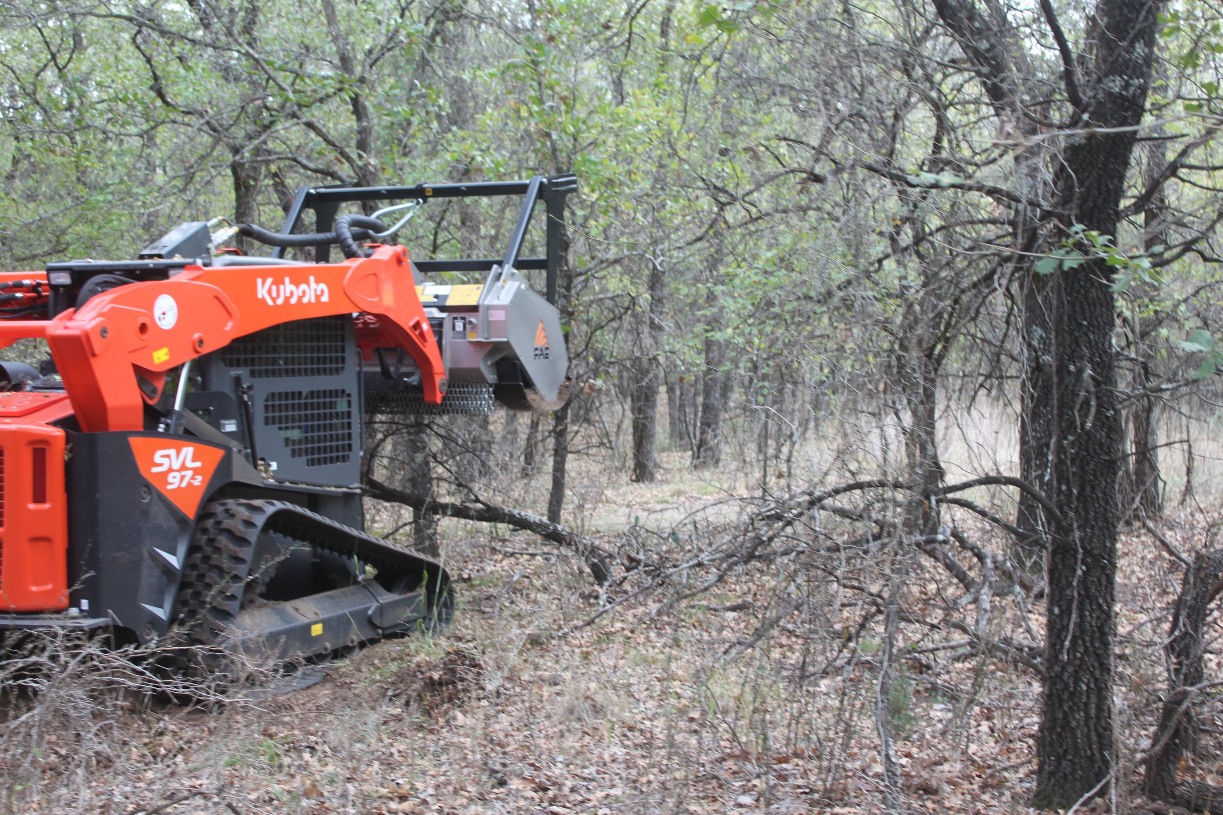 Skid-steer mowing through forest
