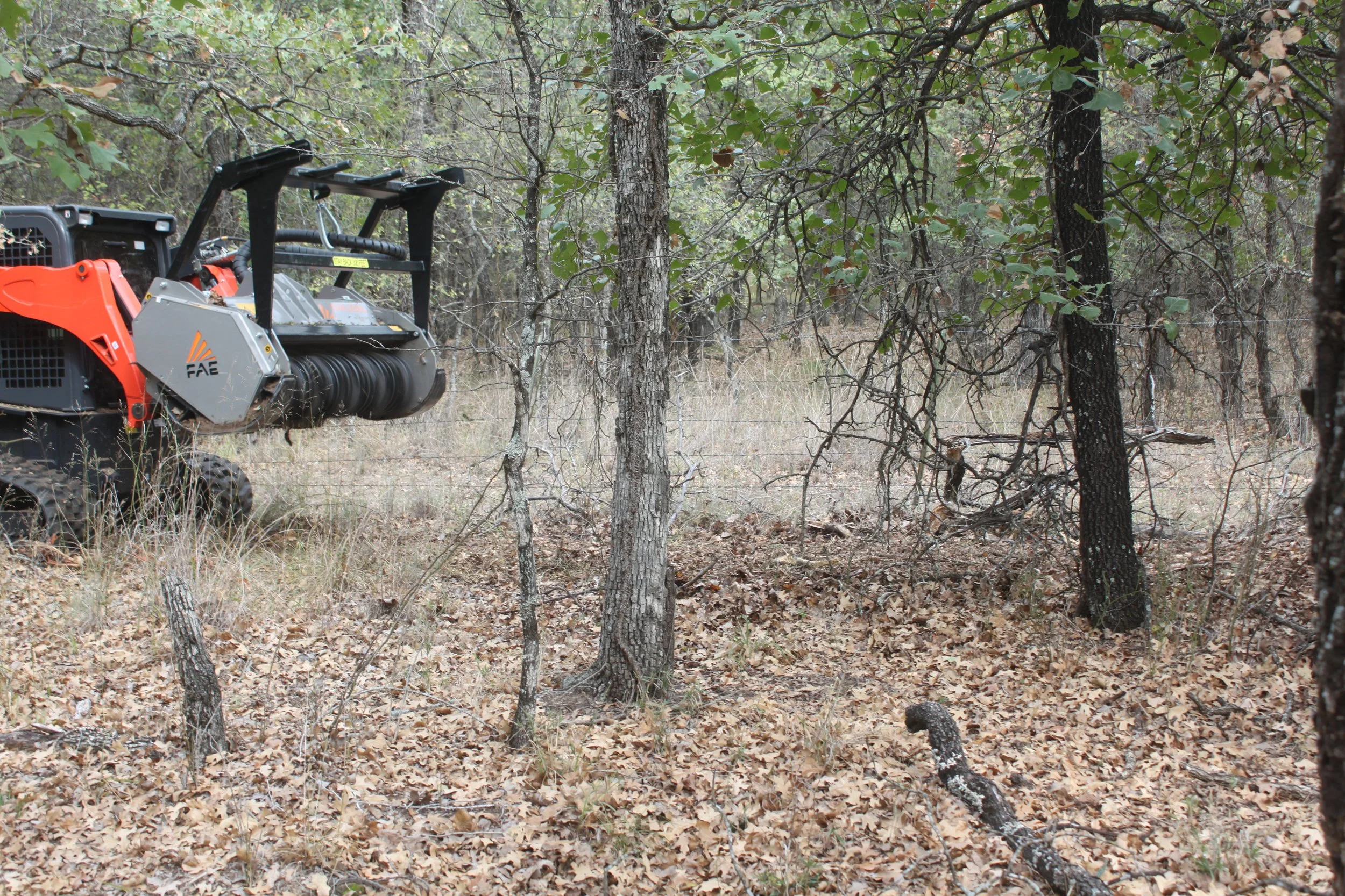 Skid-steer mowing around trees
