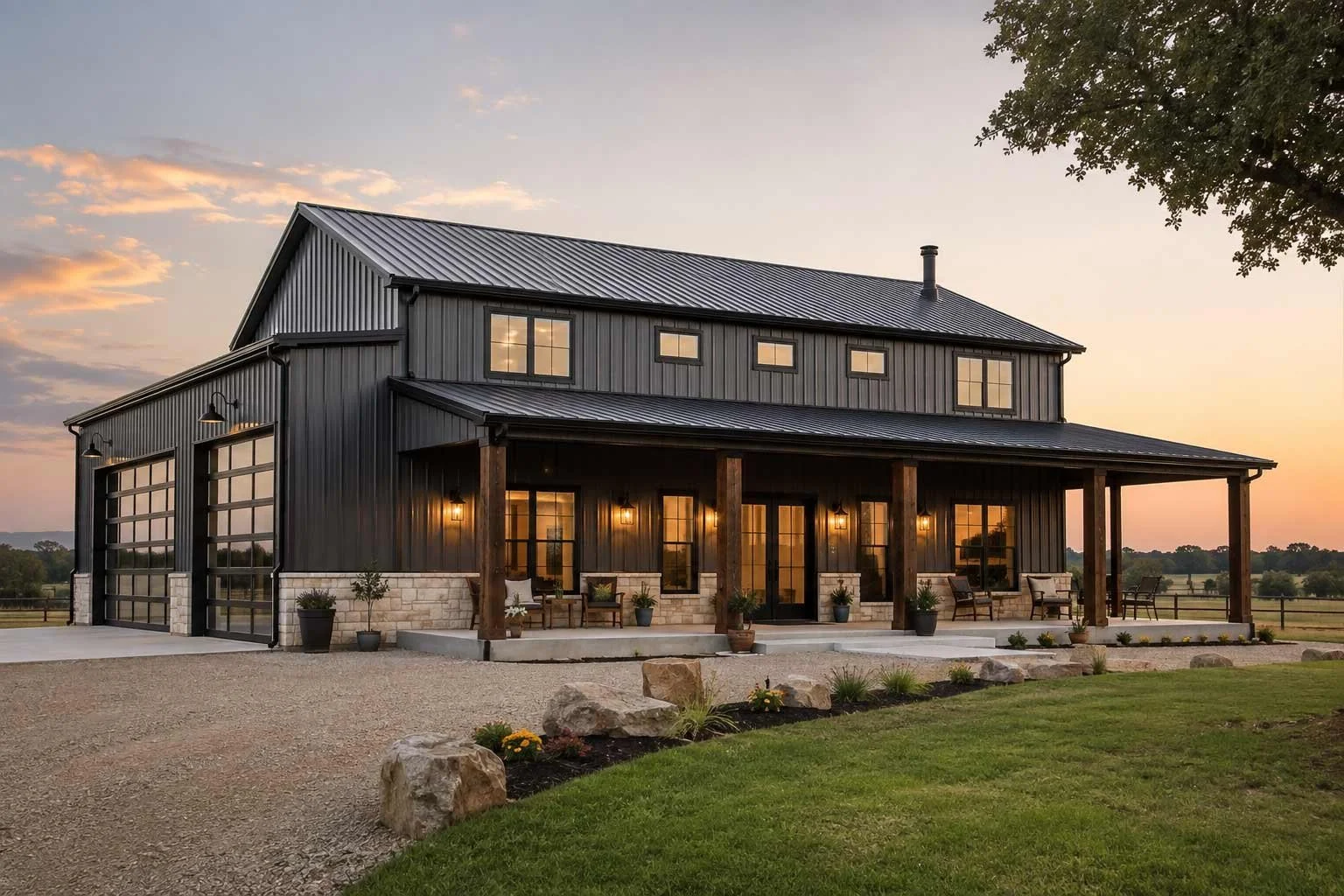 An elegant barndominium on rural land at sunset