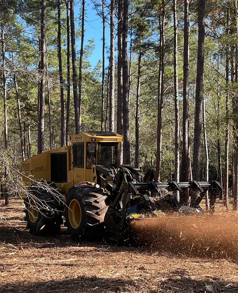 Active forestry mulching equipment in a wooded area