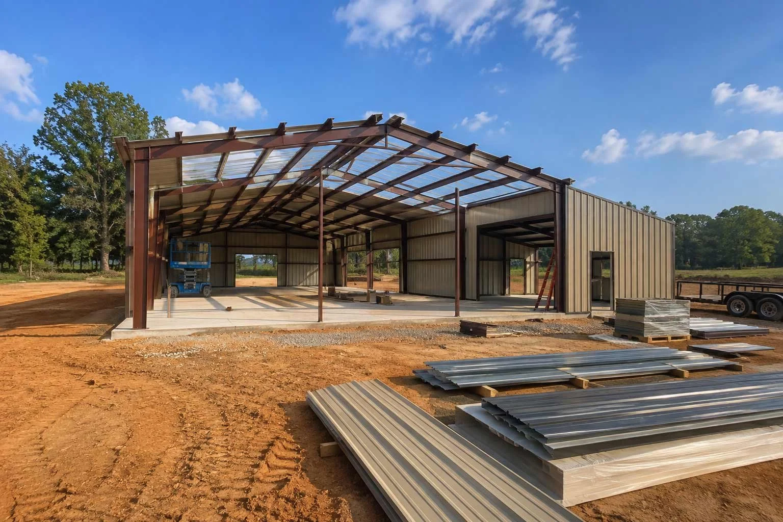 A partially constructed metal building on a cleared rural lot
