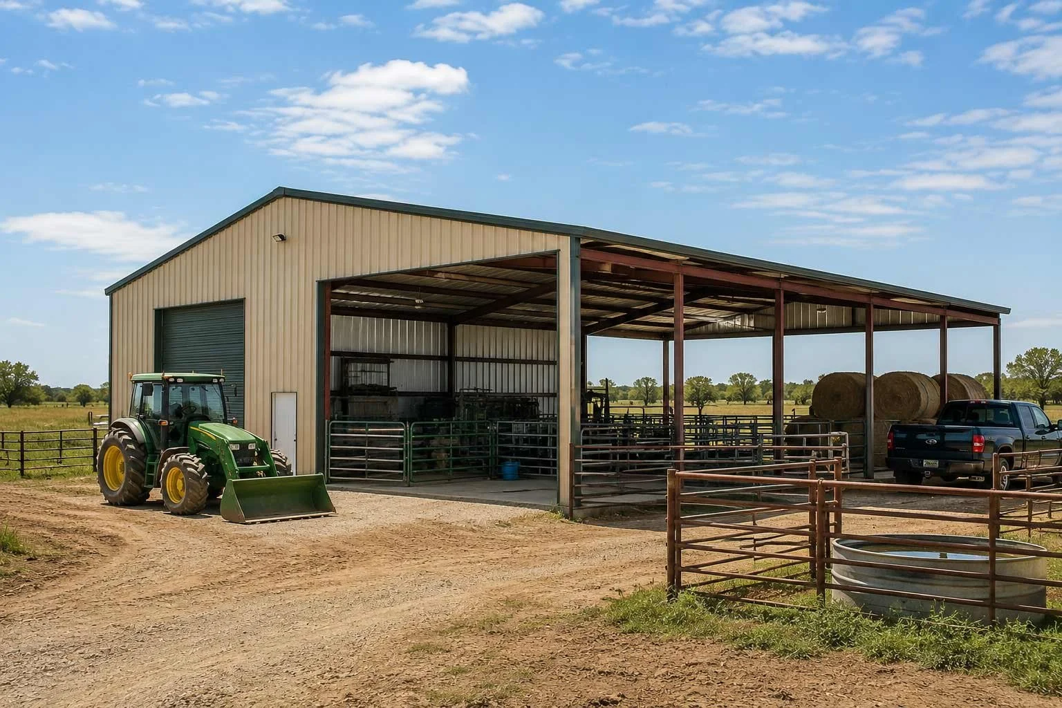 A newly constructed metal farm and agriculture building