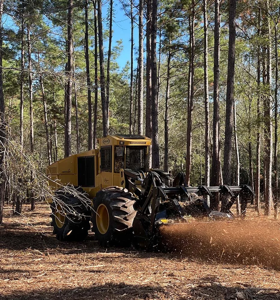 Active forestry mulching equipment in a wooded area