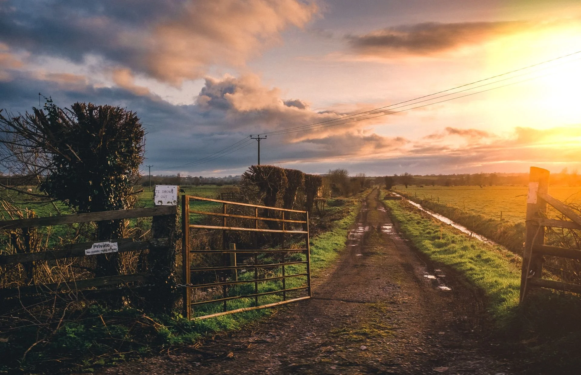 An unobstructed rural access point with mowed ditches, trimmed trees, and cleared vegetation