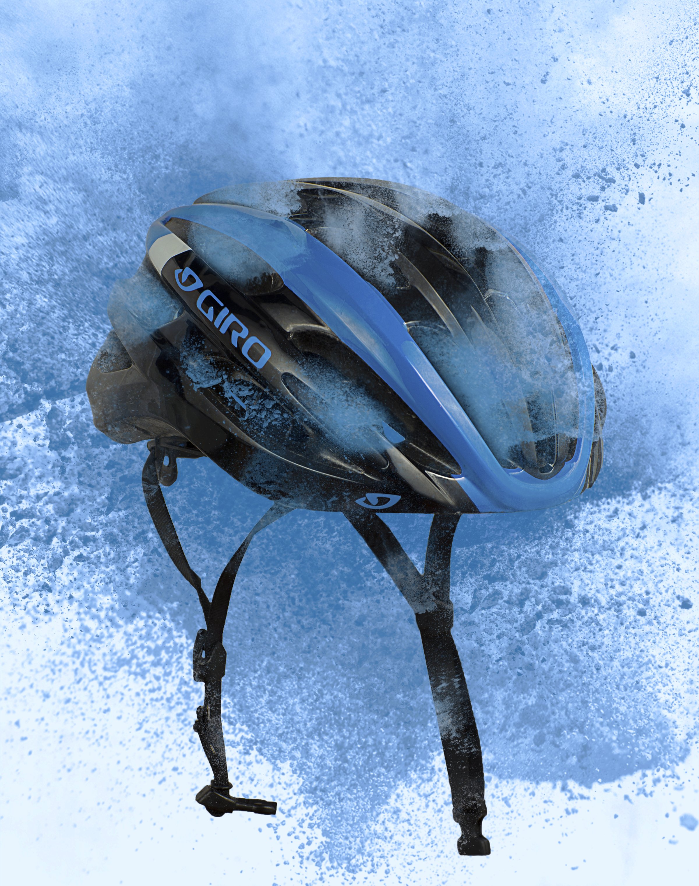 Blue and black Giro bicycle helmet on blue sprayed background.