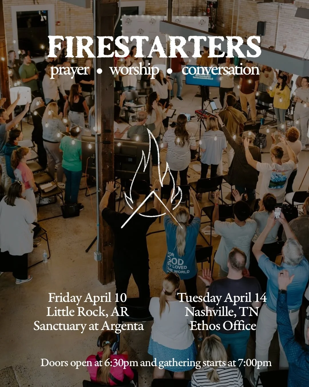 Pop up nights of Prayer/Worship/Conversation hosted by Dwellings. All are welcome. Doors open at 6:30 pm and gathering starts at 7:00pm. If you live in either of these areas, join us!

April 10 Little Rock, AR // The Sanctuary at Argenta // 201 West 
