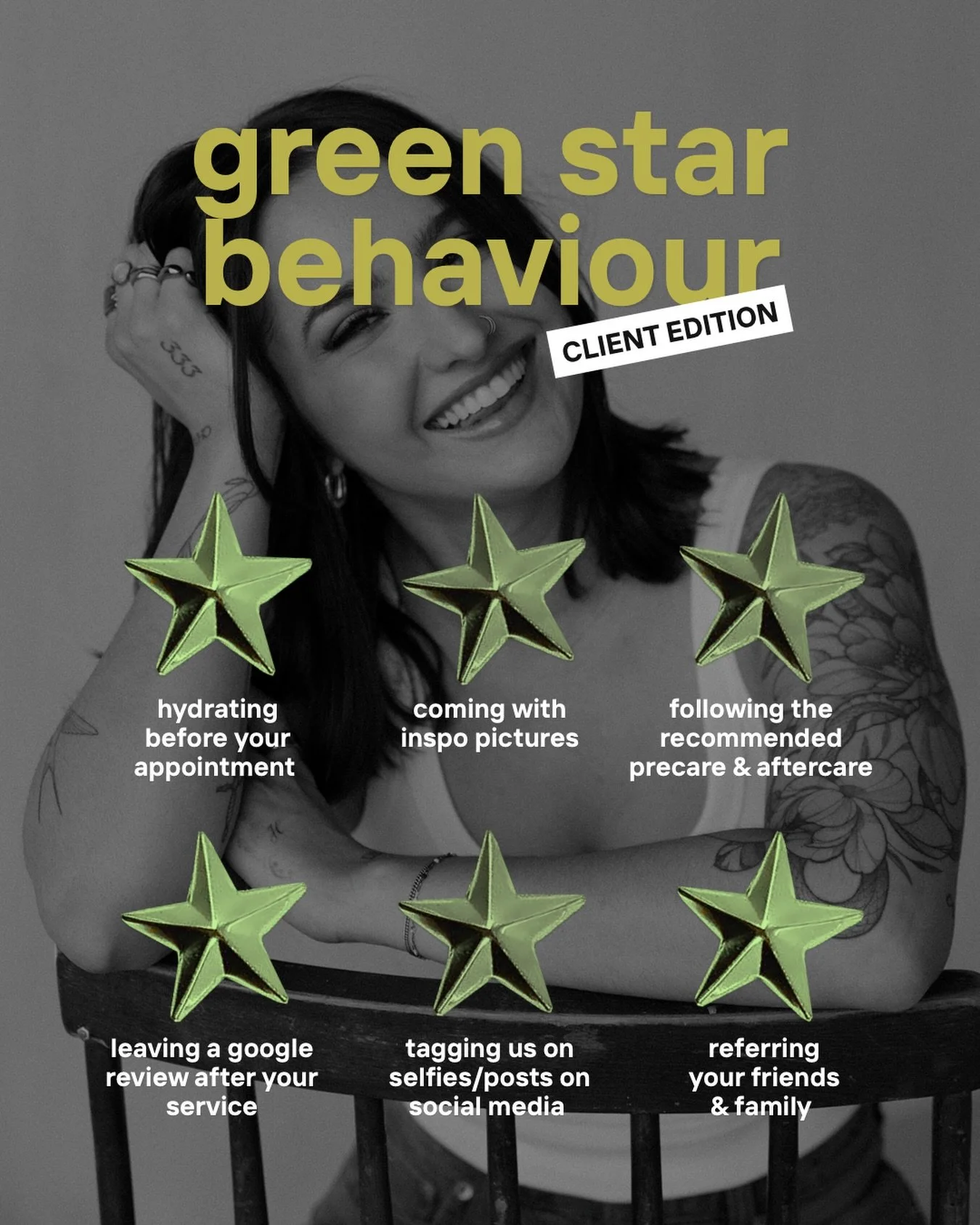 Green stars because why wouldn&rsquo;t I make this trend on brand 🌱 
If you want to be a green star client, just follow these steps! the best compliment is reviews, referrals and trust in your artist 🫶🏻